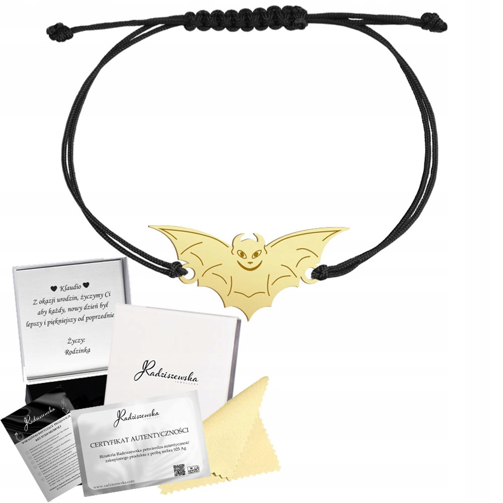 Zlatý náramek Netopýr Halloween 925 Šňůra Dárek Gravírování Přání
