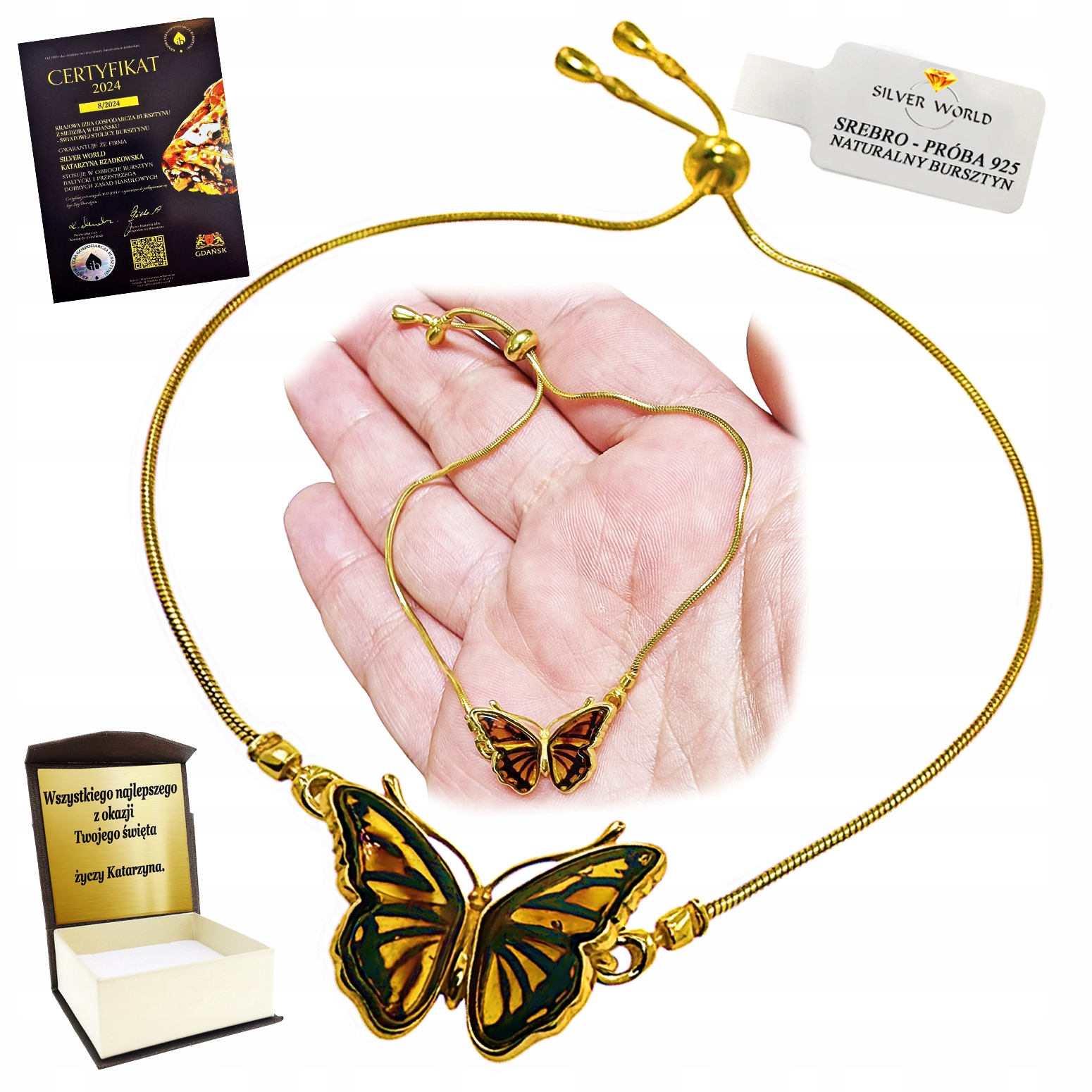 Stříbrný Náramek S Jantarem Pozlacená Vyřezávaný Motýl Gravírování Bonus