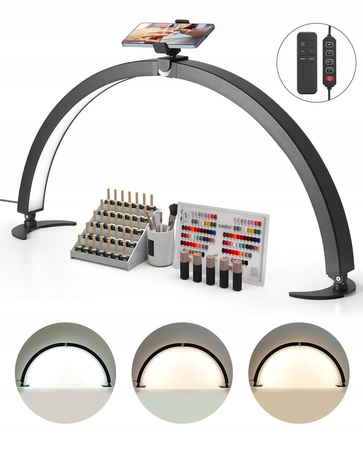 Světlo na nehtový stůl 40W půlměsíc s držákem na telefon s nastavitelným jasem