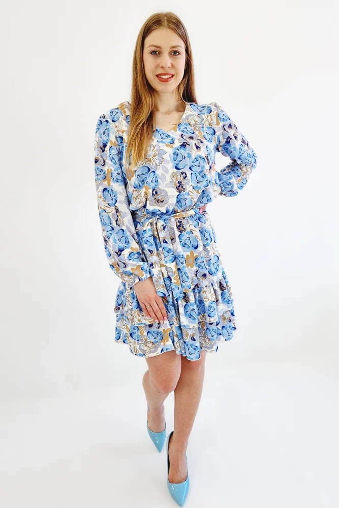 Modrá Šaty s květinami a volánky Mini Uni