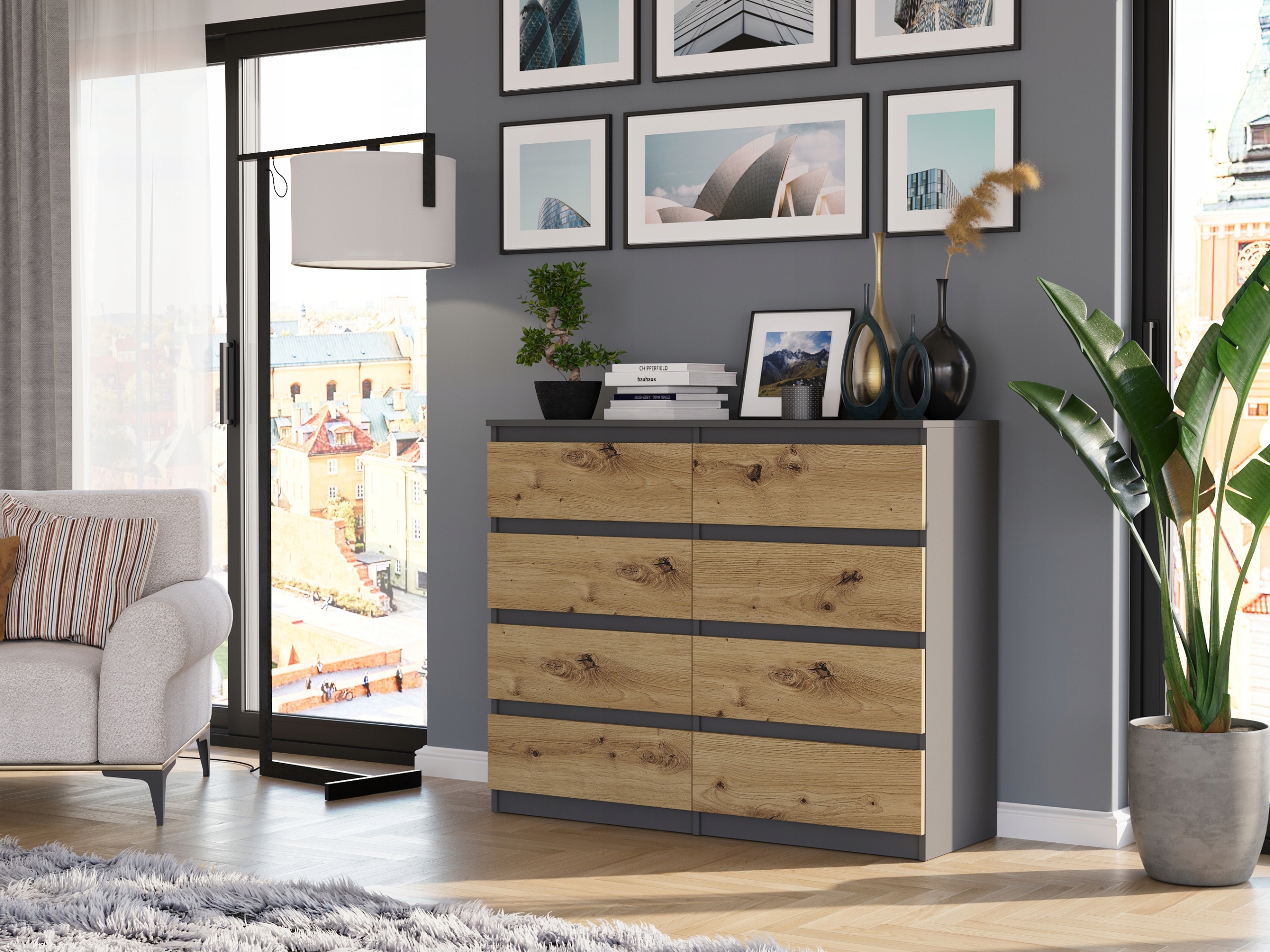 Nowoczesna KOMODA 120CM SZAFKA 8 SZUFLAD PL R-120-S8 ANTRACYT MIX ARTISAN