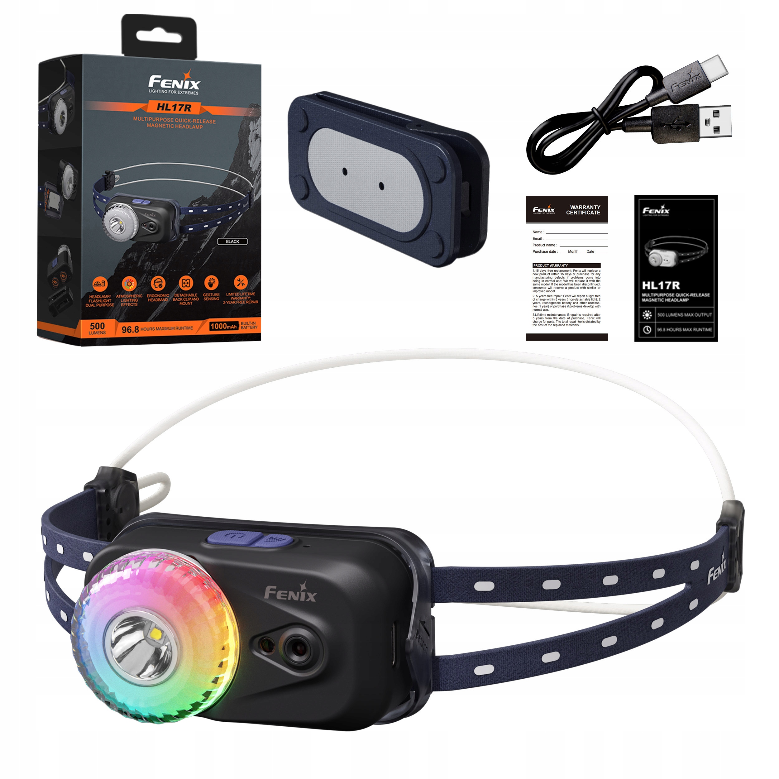 Latarka czołowa Fenix HL17R czarna 500 lm 100 m Lekka Rgb efekty