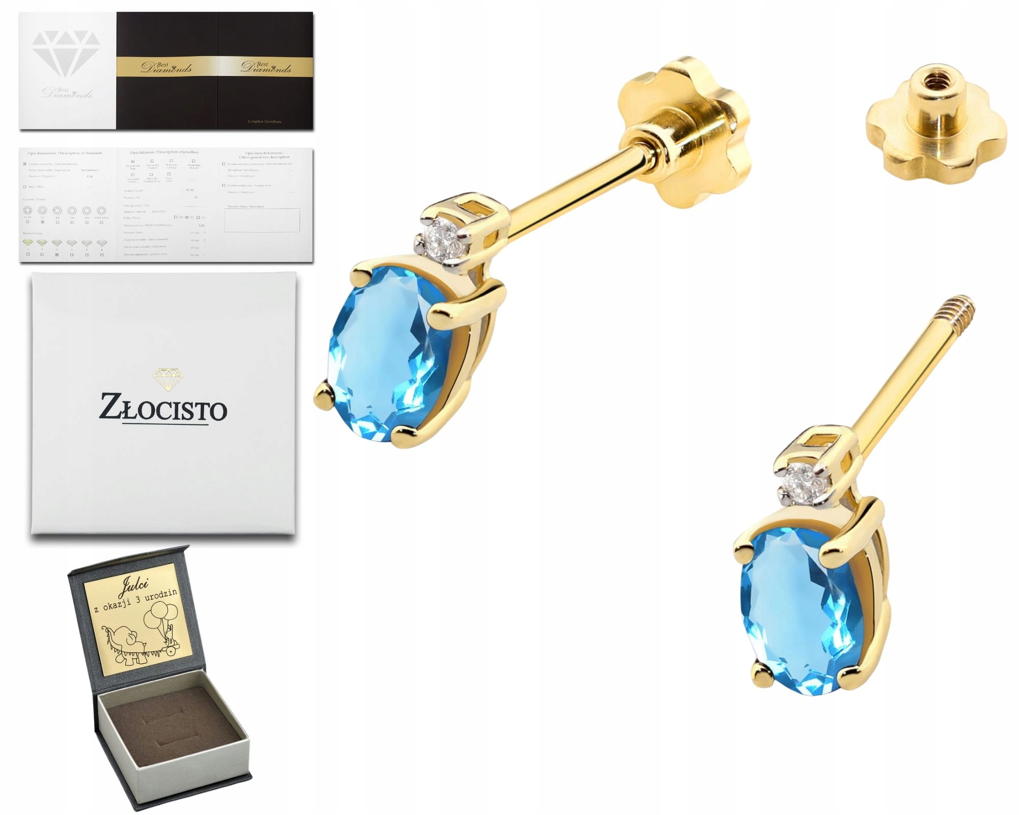 Zlaté Náušnice S Topazem A Brilianty Na Šroubovací Tyči, Zlato 585