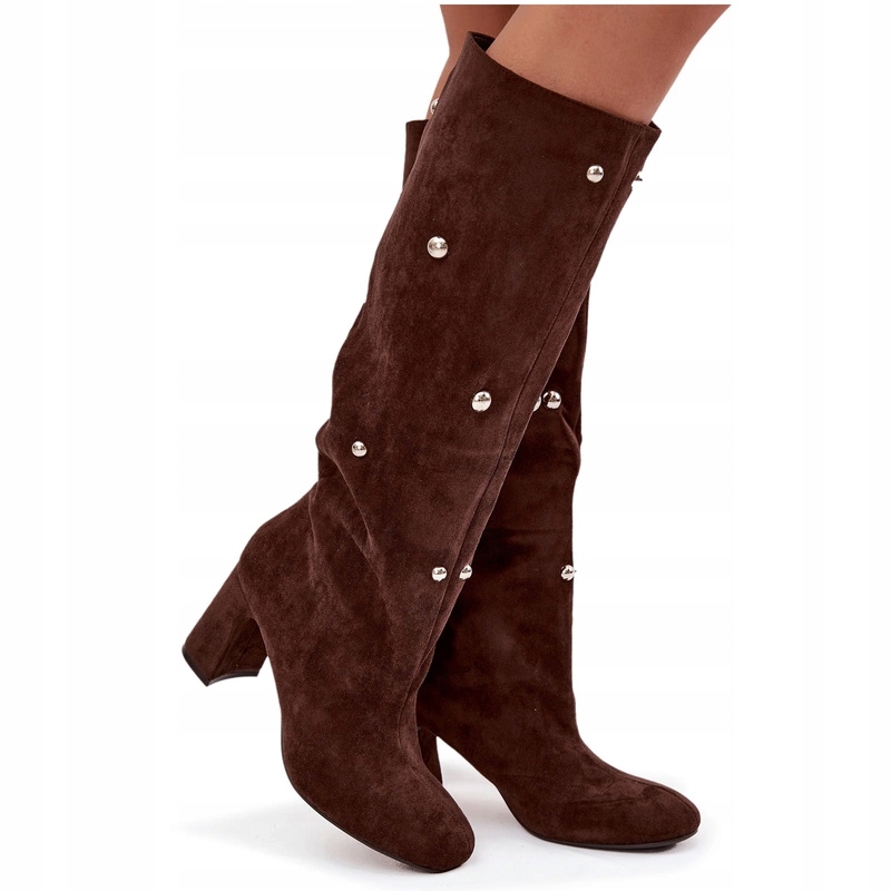 Dámské Kozačky Z Eko Semiše S Ozdobnými Detaily, Zateplené, Čokoládové, Velikost 39