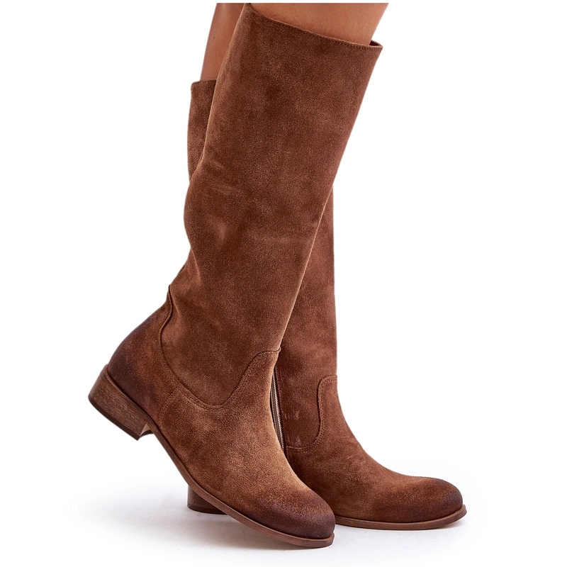 Dámské Semišové Kozačky S Plochým Podpatkem Na Zip Lewski 3616 Hnědé 37