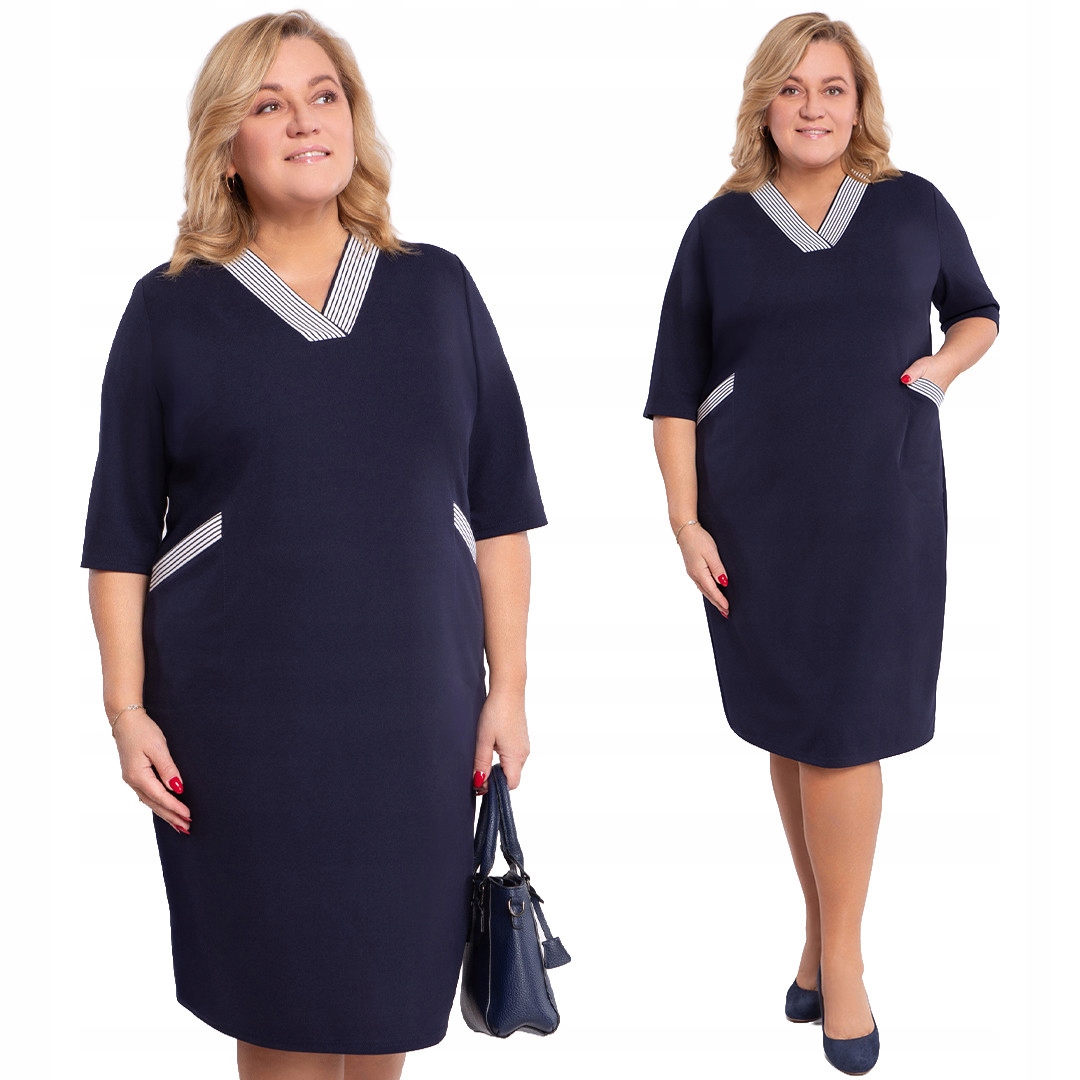 Tmavě modrá šaty s ozdobnými proužky, velikost 50