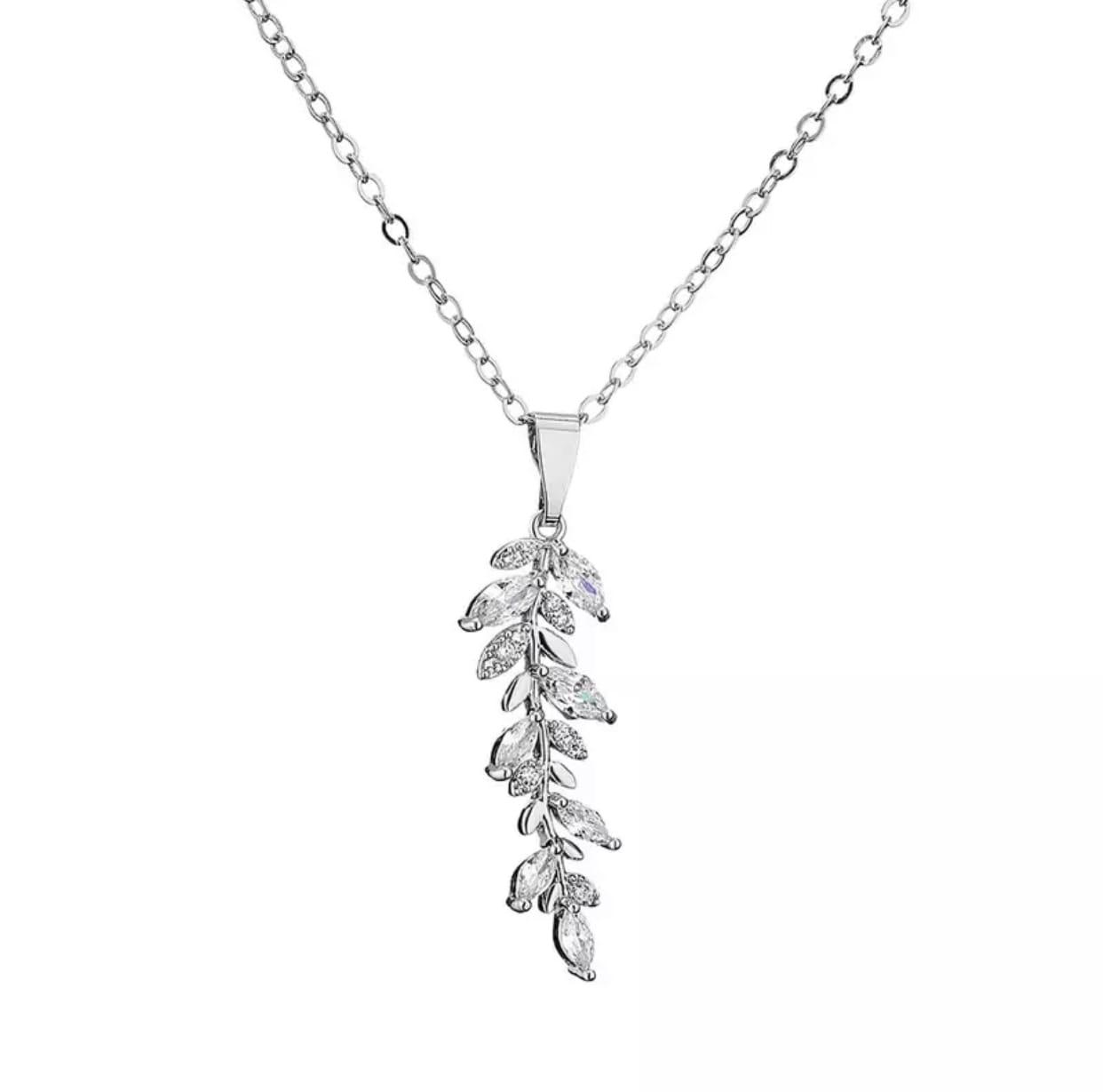 

Naszyjnik łańcuszek srebrny kryształki listek stal