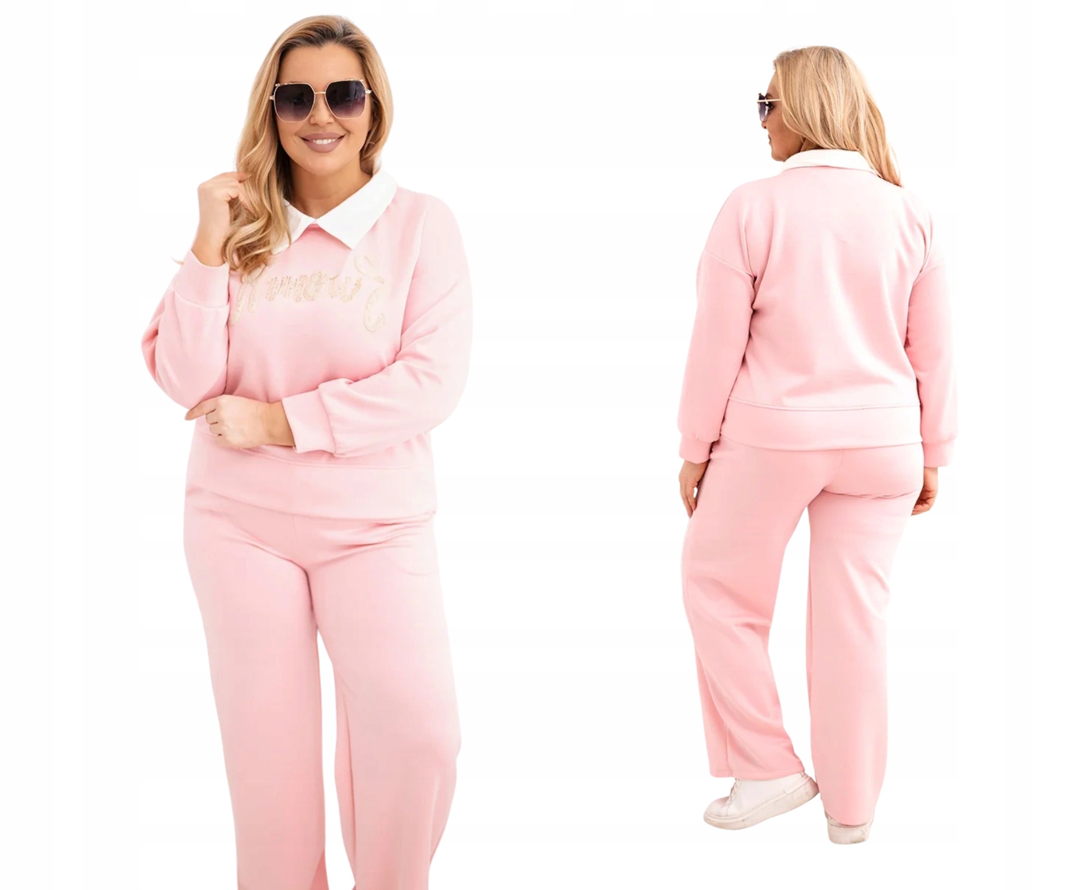 Světle růžový tepláková souprava Masełkowy Plus Size s límečkem