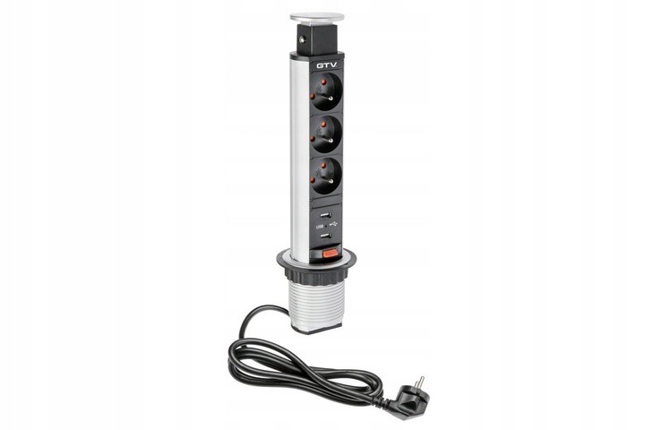 Zápustná Stolní Zásuvka Gtv Trojitá 230V Do Desky Stříbrná FI60 S Usb