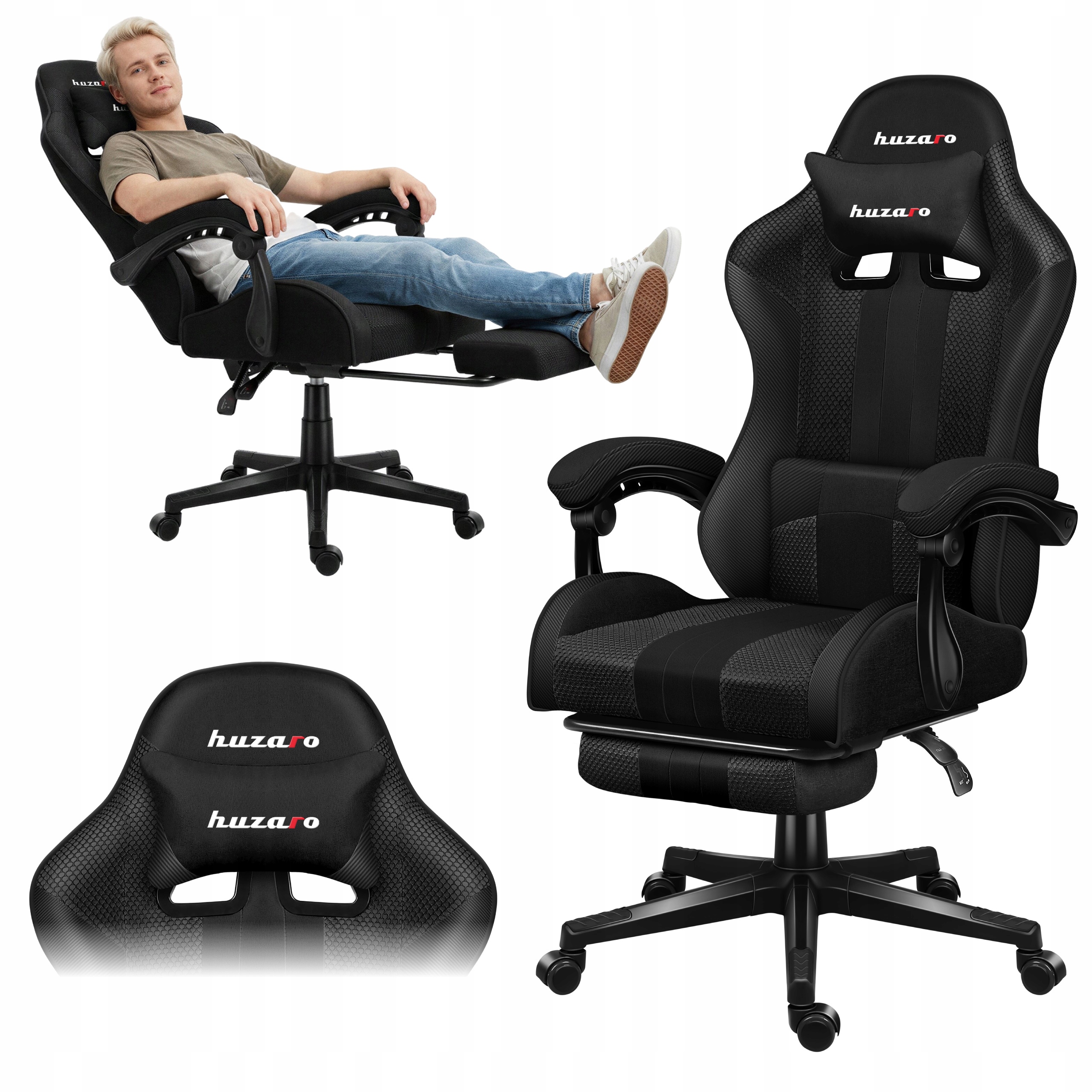 Herní křeslo skořepinové Huzaro černé otočné s podnožkou ergonomické