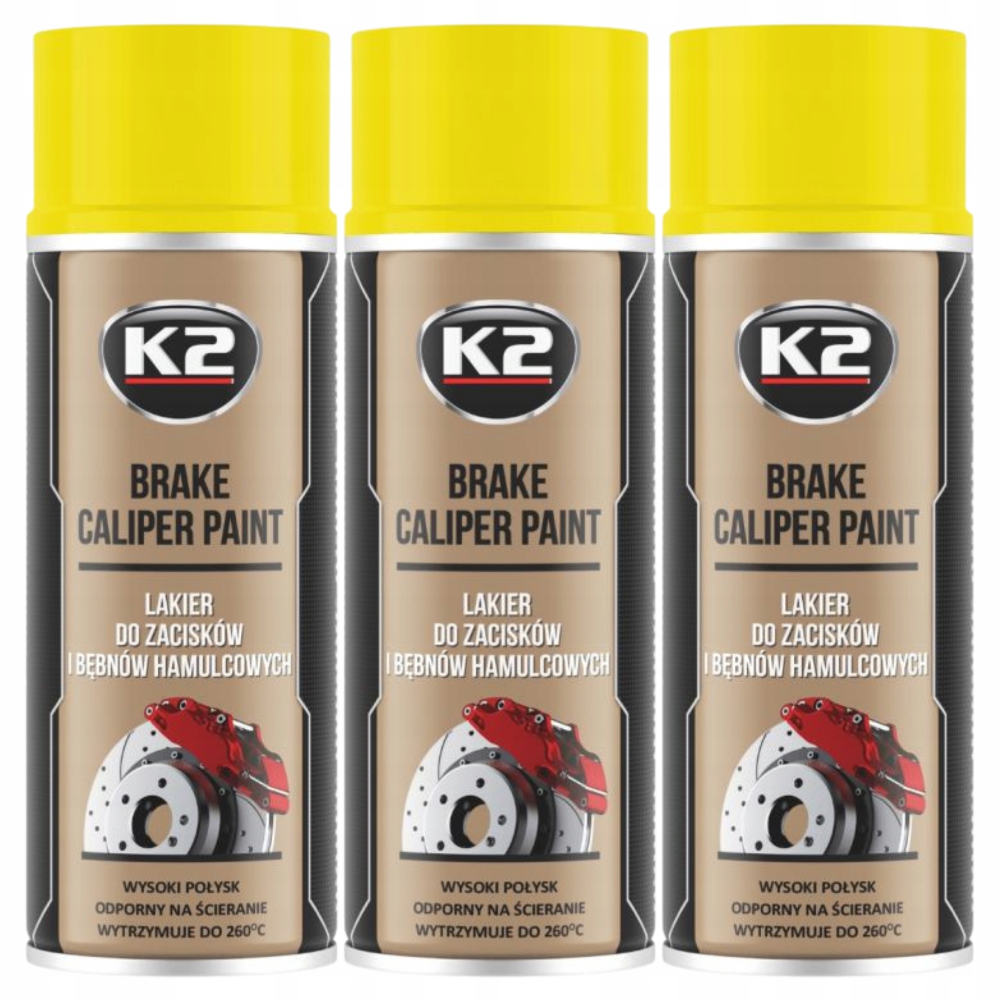 Farba do zacisków hamulcowych lakier spray żółty K2 Brake Paint 400ml x3