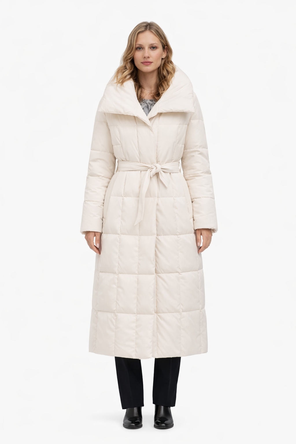 Dlouhá Prošívaná Bunda S Páskem Ecru S I4A