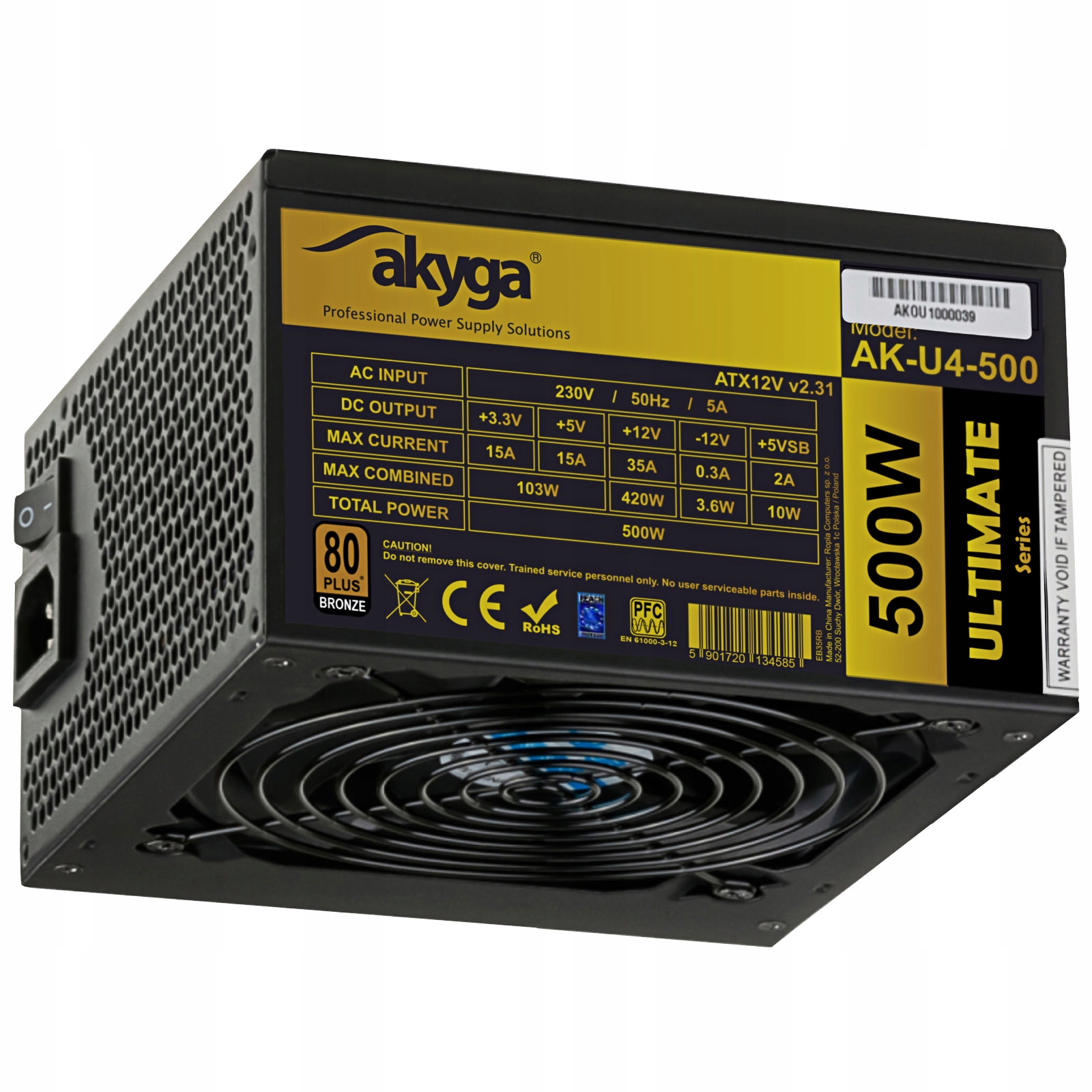 Akyga Napájecí zdroj Atx 500W 80+ Bronze Apfc P8 4+4pin 2x Pci-e 6x Sata 12 cm