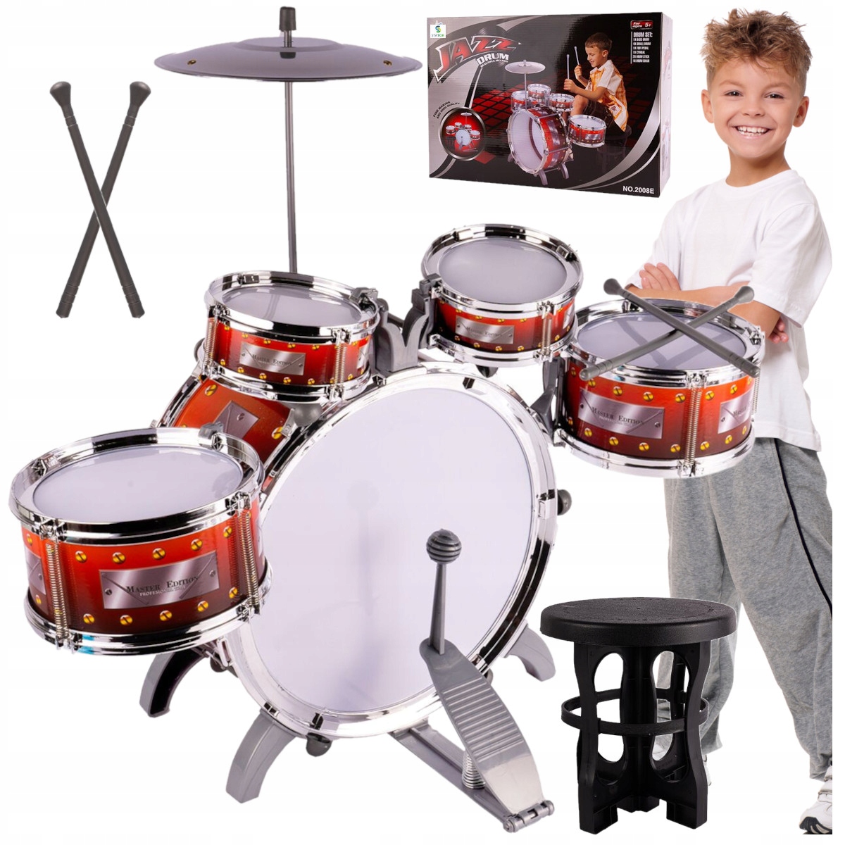 DUŻA PERKUSJA DLA DZIECI ZESTAW 5 BĘBNÓW TALERZ TABORET ZABAWKA INSTRUMENT Stan opakowania oryginalne