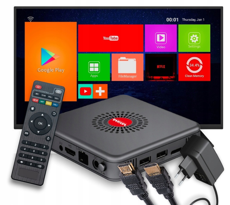 Smart Tv Box Android 11 s905x3 16 Gb Hdmi Full Hd 4K Pilot, Kabel Hdmi
