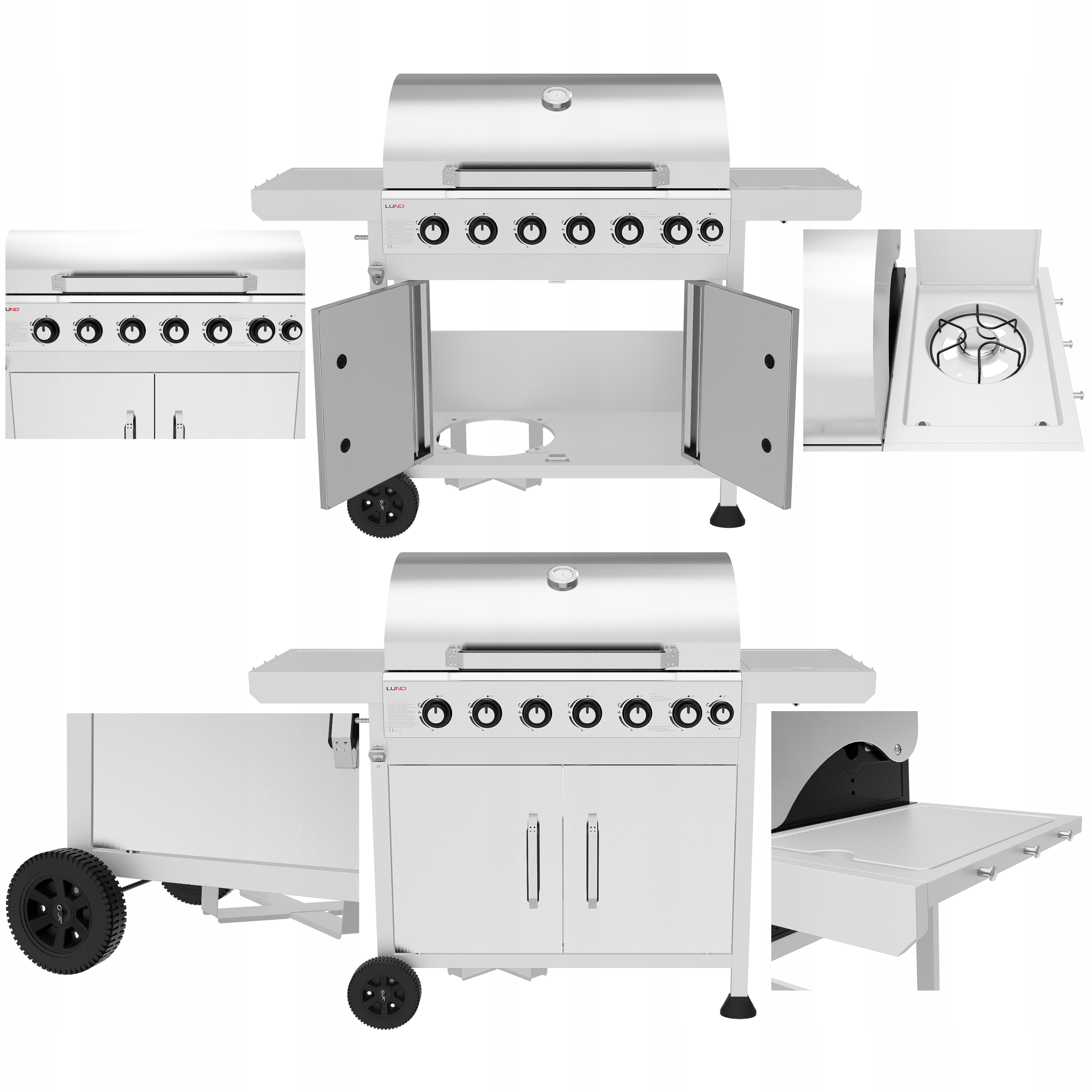 Grill Gazowy Ogrodowy 6+1 20,5 kW Szary 7 Palników Pokrywa Żeliwny Ruszt