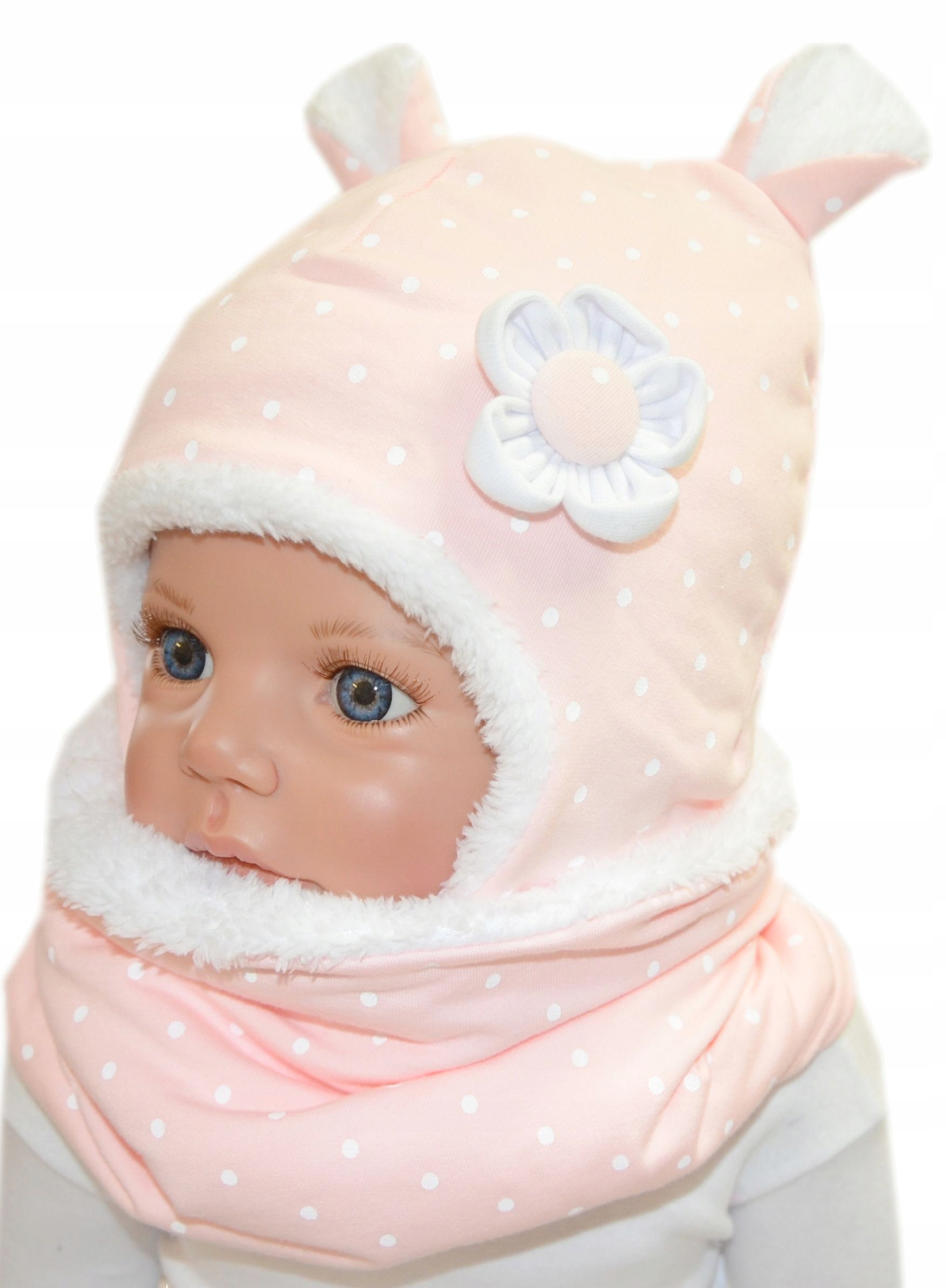 

Zimowa czapka i komin 47-50cm kropki róż