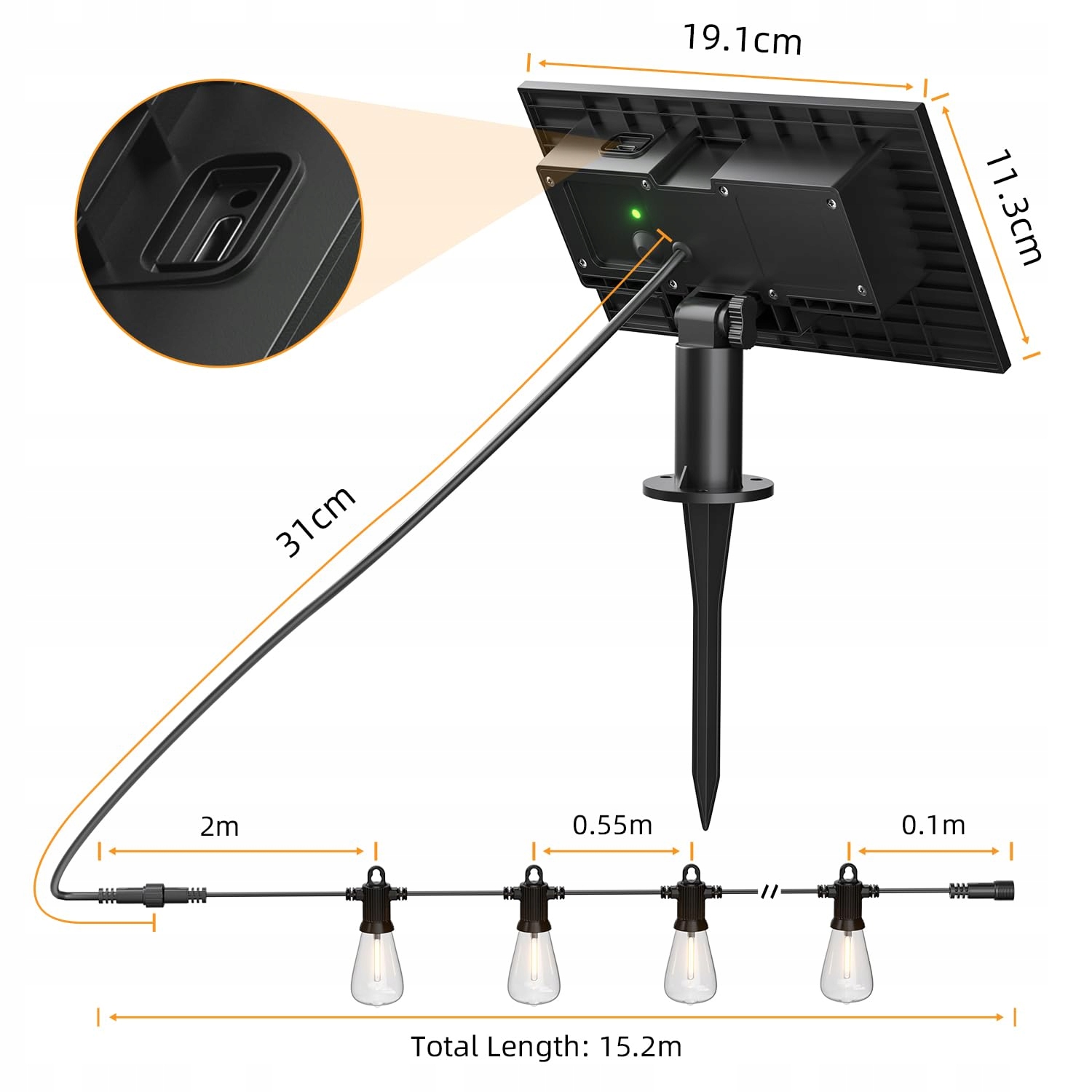 KAWAYA Solarna Girlanda LED 15M IP65 Wodoodporna 5 Trybów Światła — miniatura 6