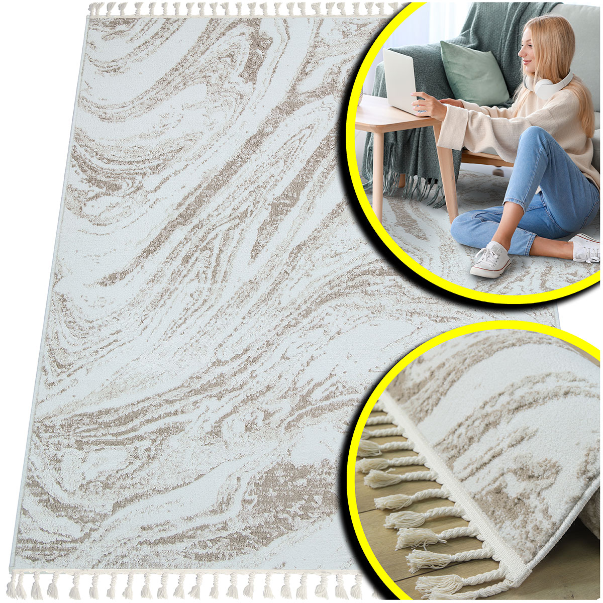 Krémový Koberec Do Obývacího Pokoje Anko Béžový Koberec Shaggy Melanž Do Ložnice 140x200