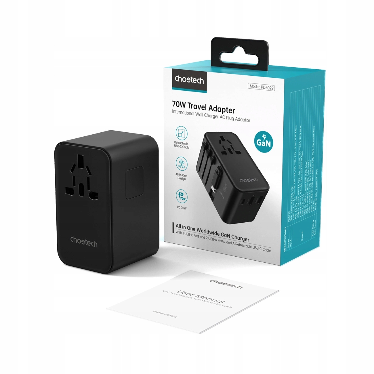 Adapter podróżny Choetech PD5022 70W Eu Us Aus Uk z wbudowanym kablem