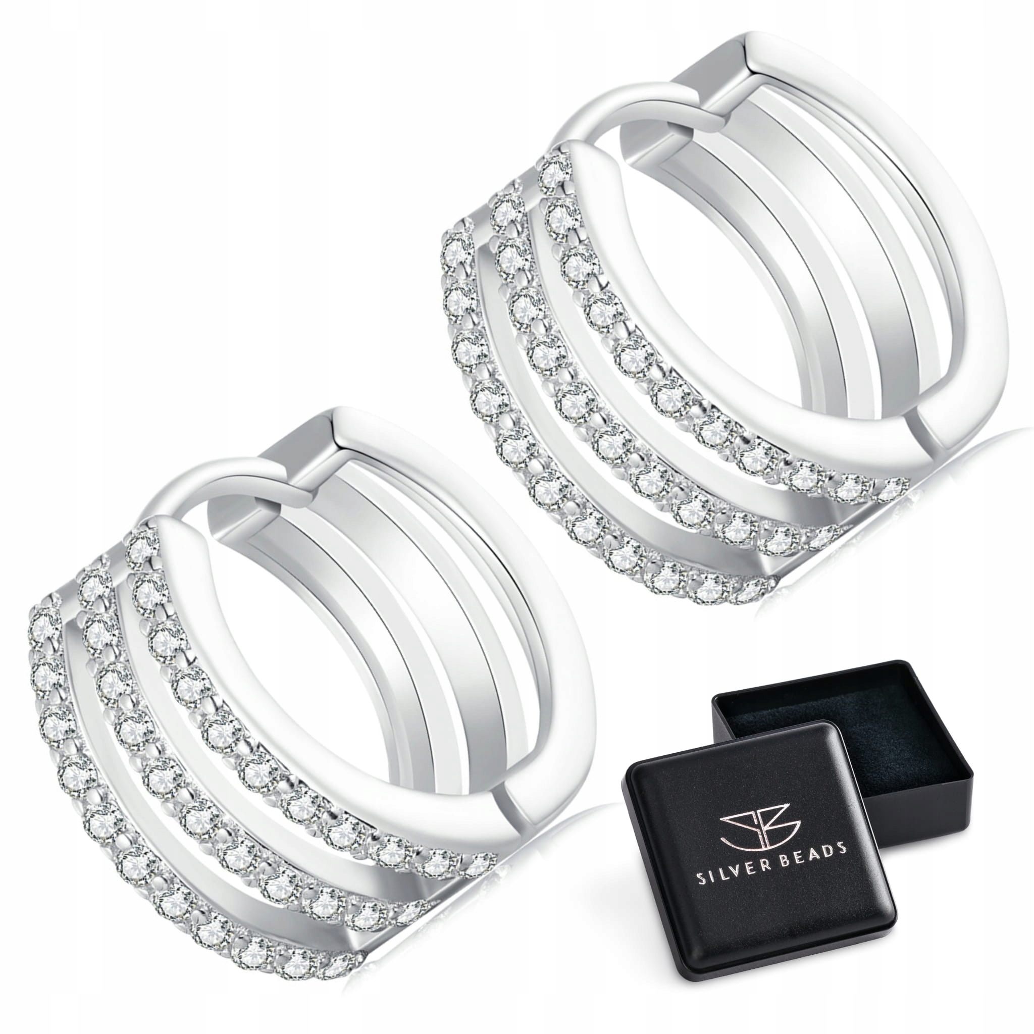 K499 Potrójne koła kryształkami zatrzaski kolczyki srebro 925