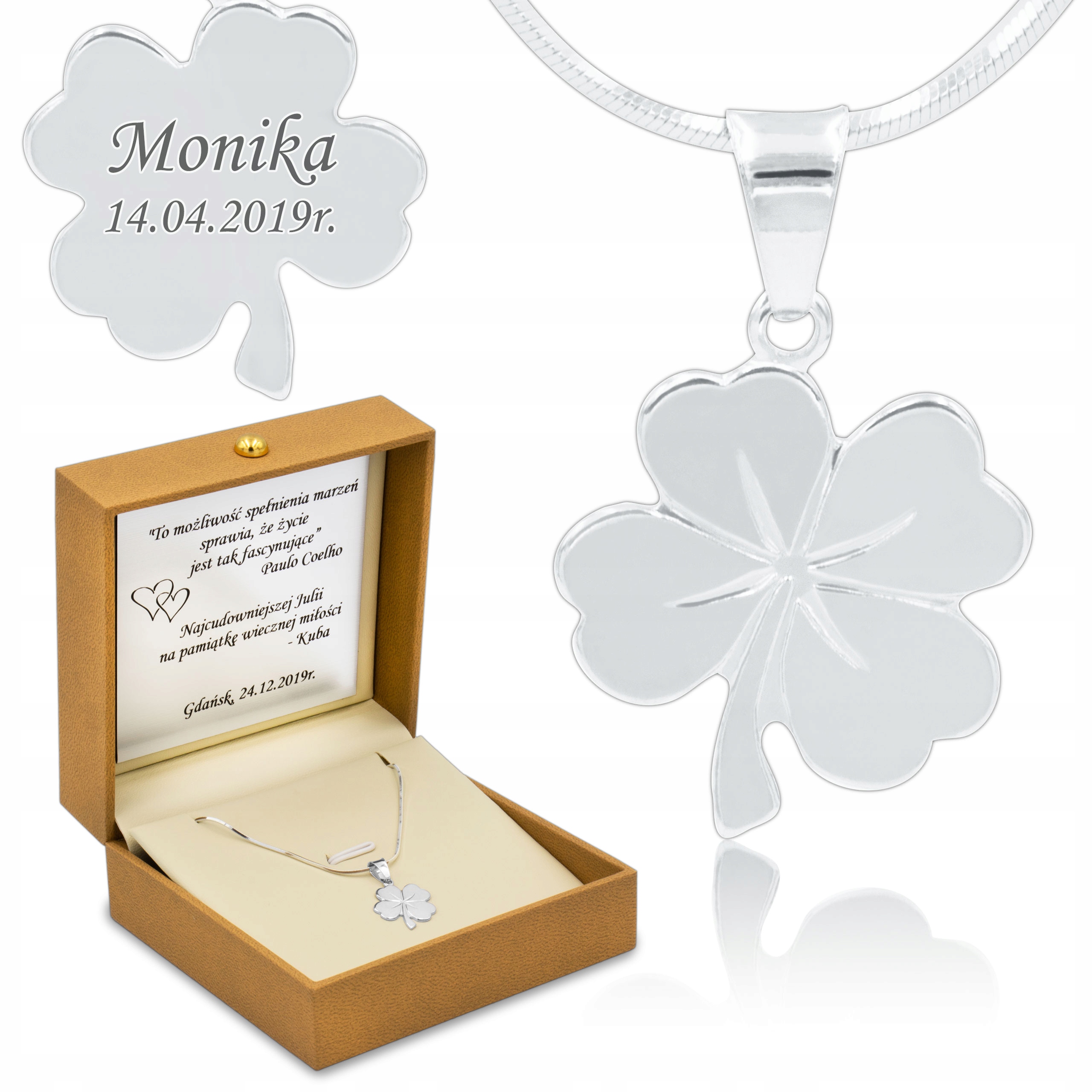 

Naszyjnik Srebrny Koniczynka pr. 925 z Grawerem