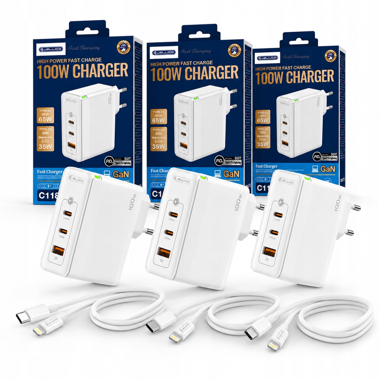 3-PAKOVÁ Nabíjačka Sieťová 100W 2XUSB-C 1XUSB QC3.0 Usb-c pre iPhone