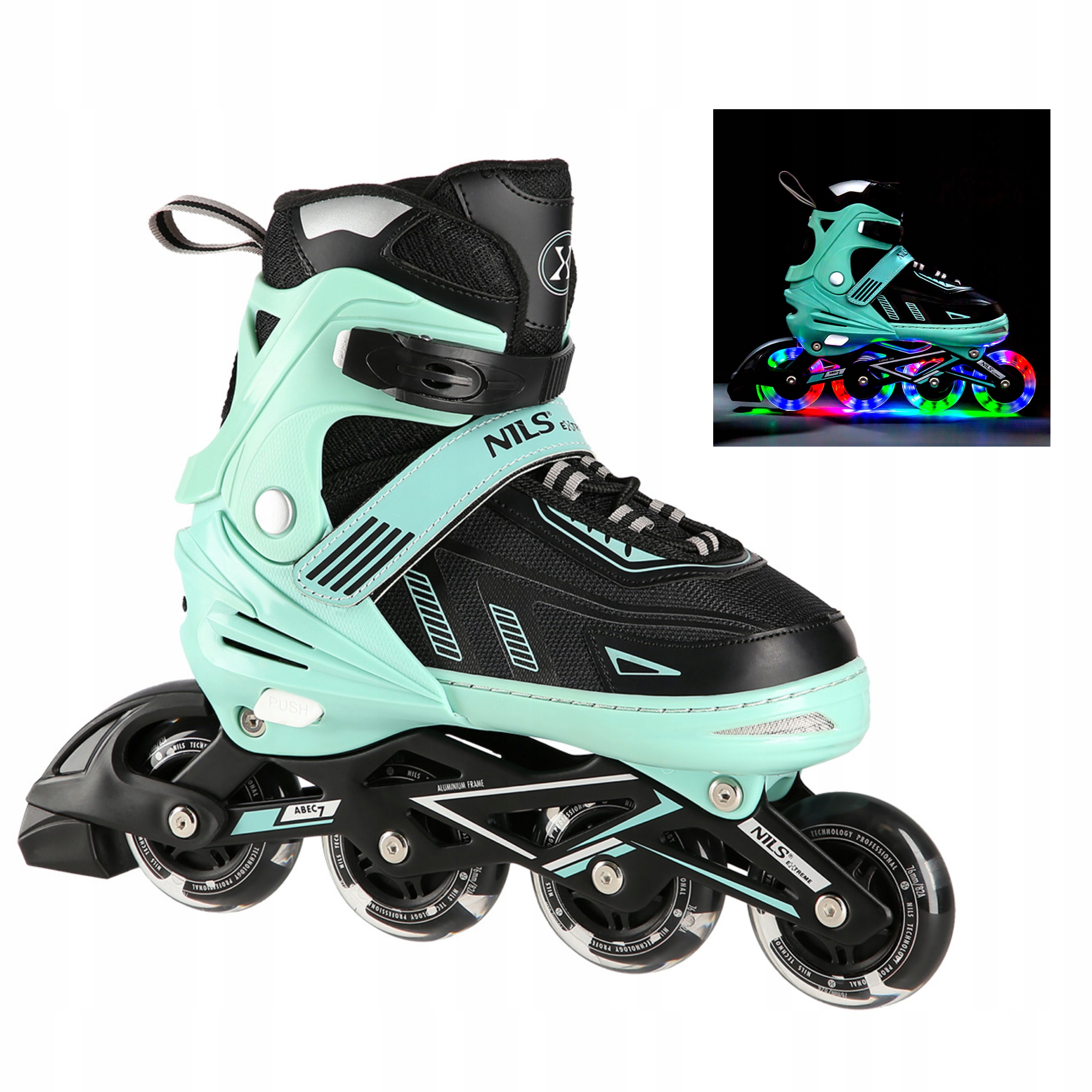 Kolečkové Brusle Regulovatelné Fitness Led Brusle 2v1 Mátové ABEC7 L 39-42 Nils Extreme