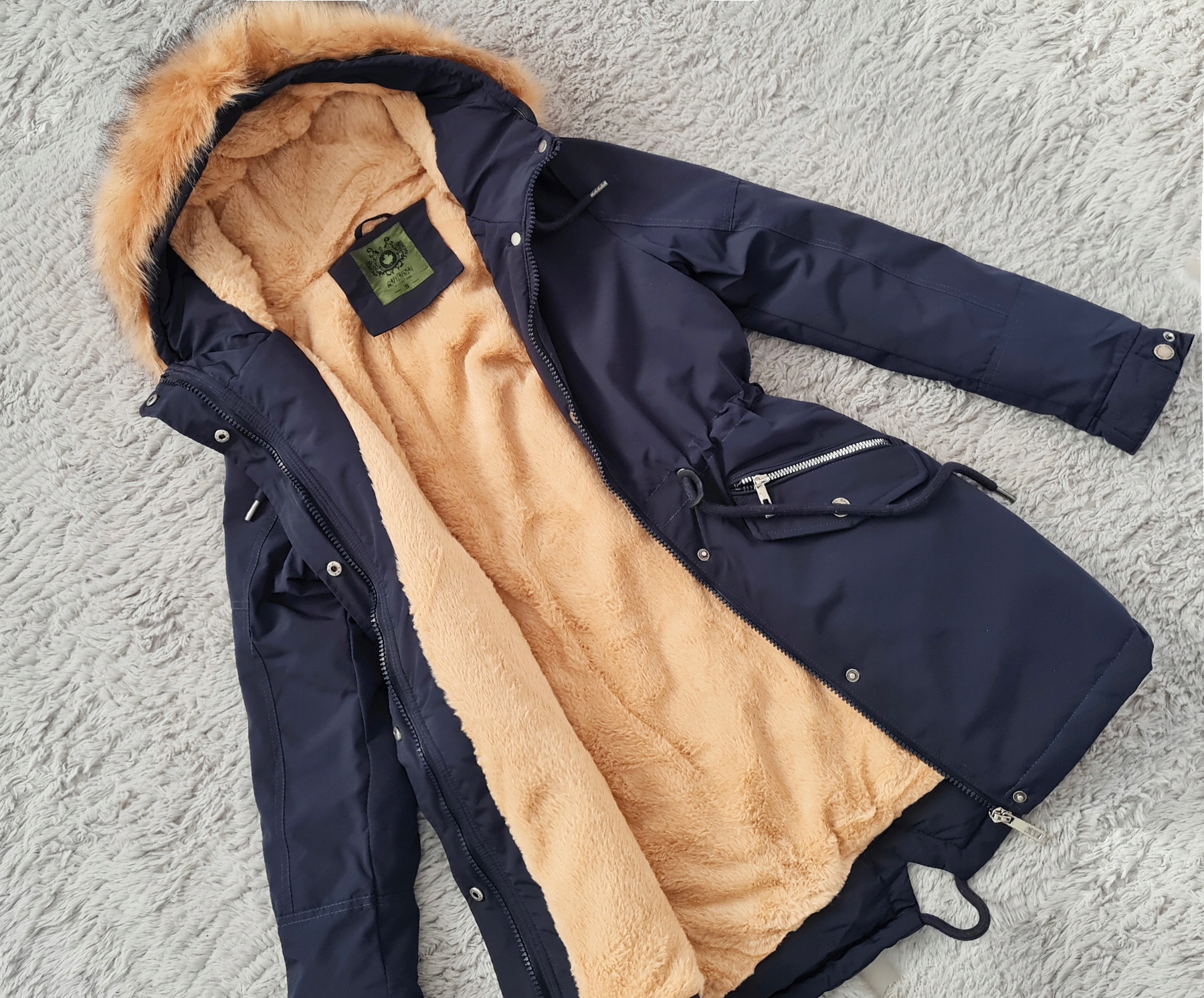 KLASYCZNA ZIMOWA PARKA CIEPŁA KURTKA DAMSKA NA MISIU Z FUTERKIEM 5XL Odcień granatowy