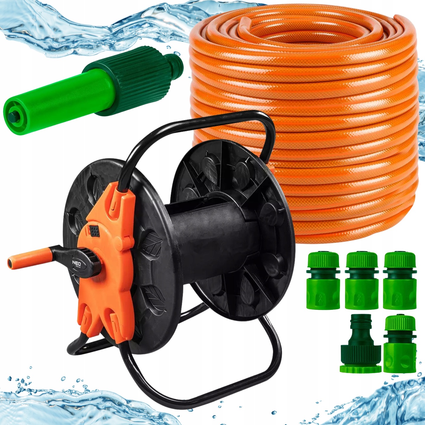 Neo Wąż Ogrodowy Mocny 50m 1/2" Bęben Stojak Zraszacz +Złączki Komplet