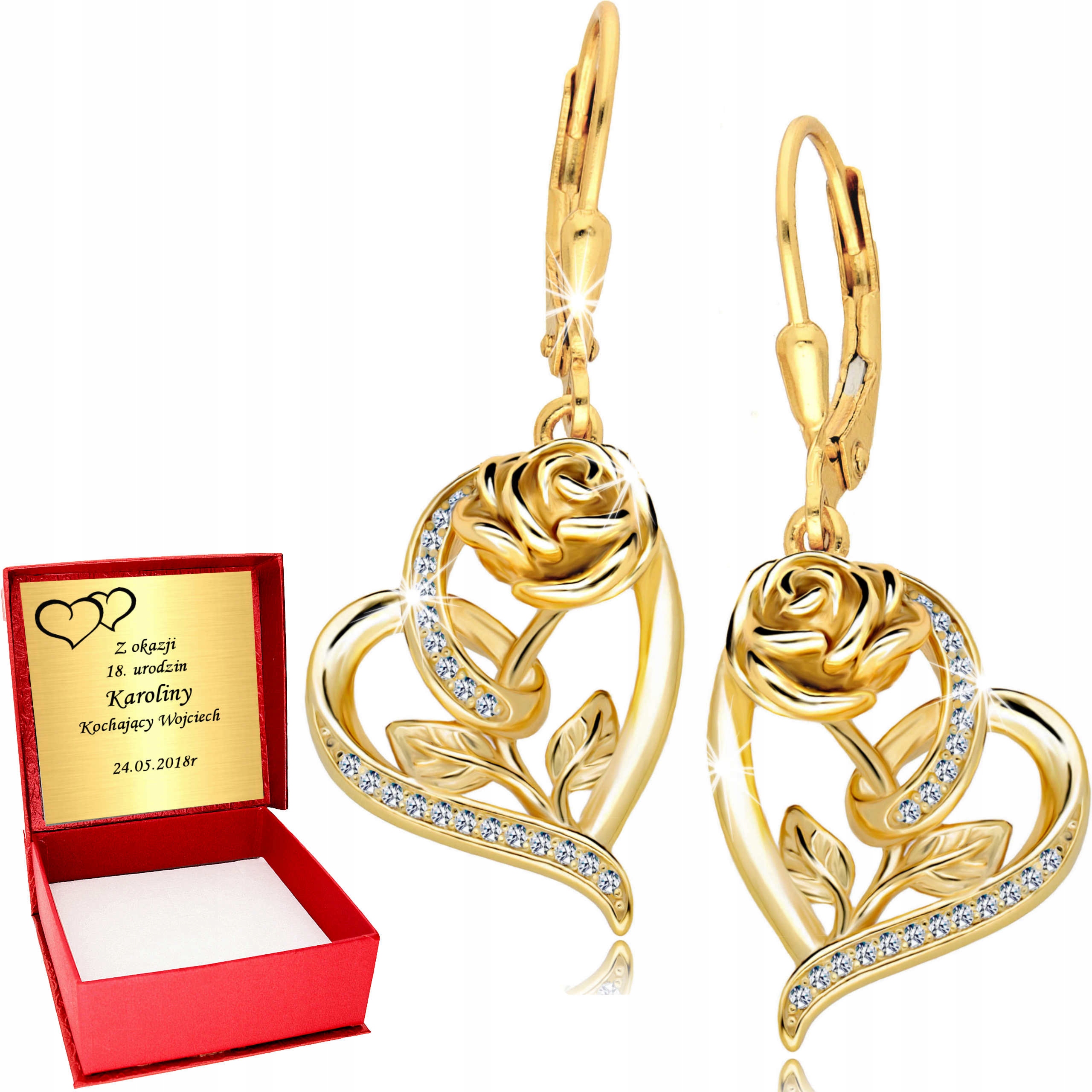 Złote Kolczyki 925 Serca Serduszka Serce Wieczna Róża Grawer Urodziny