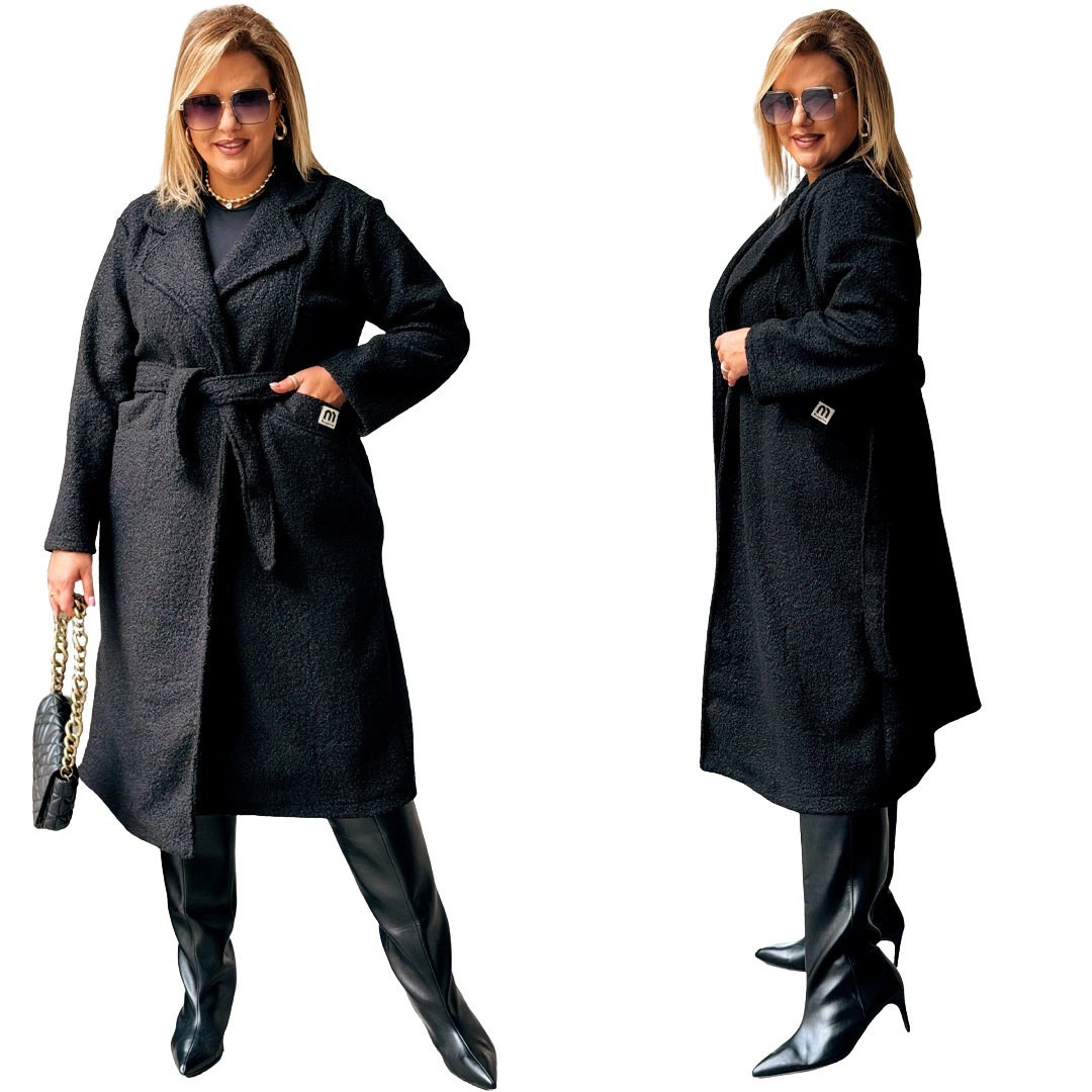 Dámský zavazovací kabát Boucle Plus Size Cavaricci černý