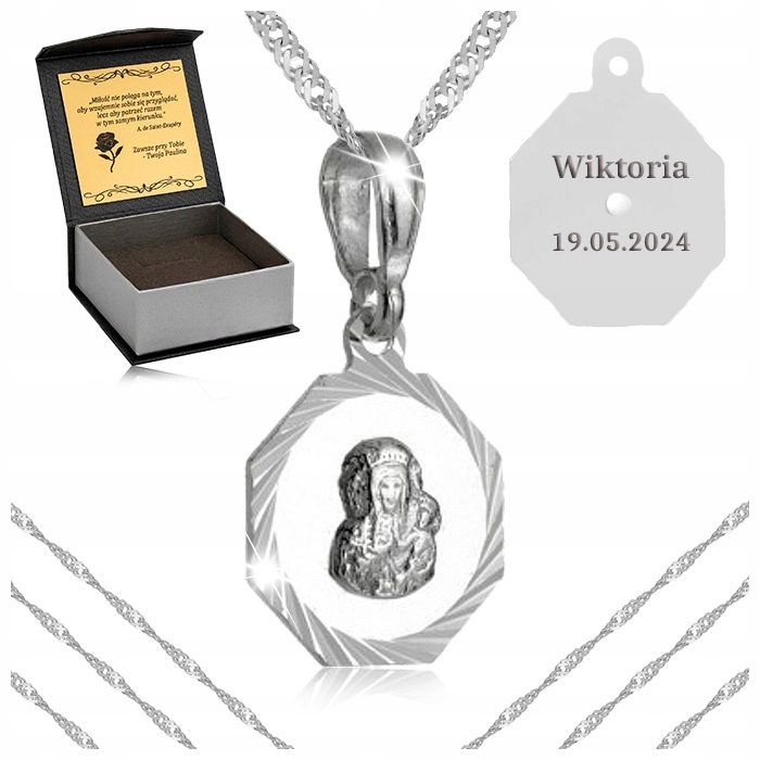 Stříbrný Řetízek Medailonek Matka Boží 925 Dárek Svaté Přijímání Křest Gravírování
