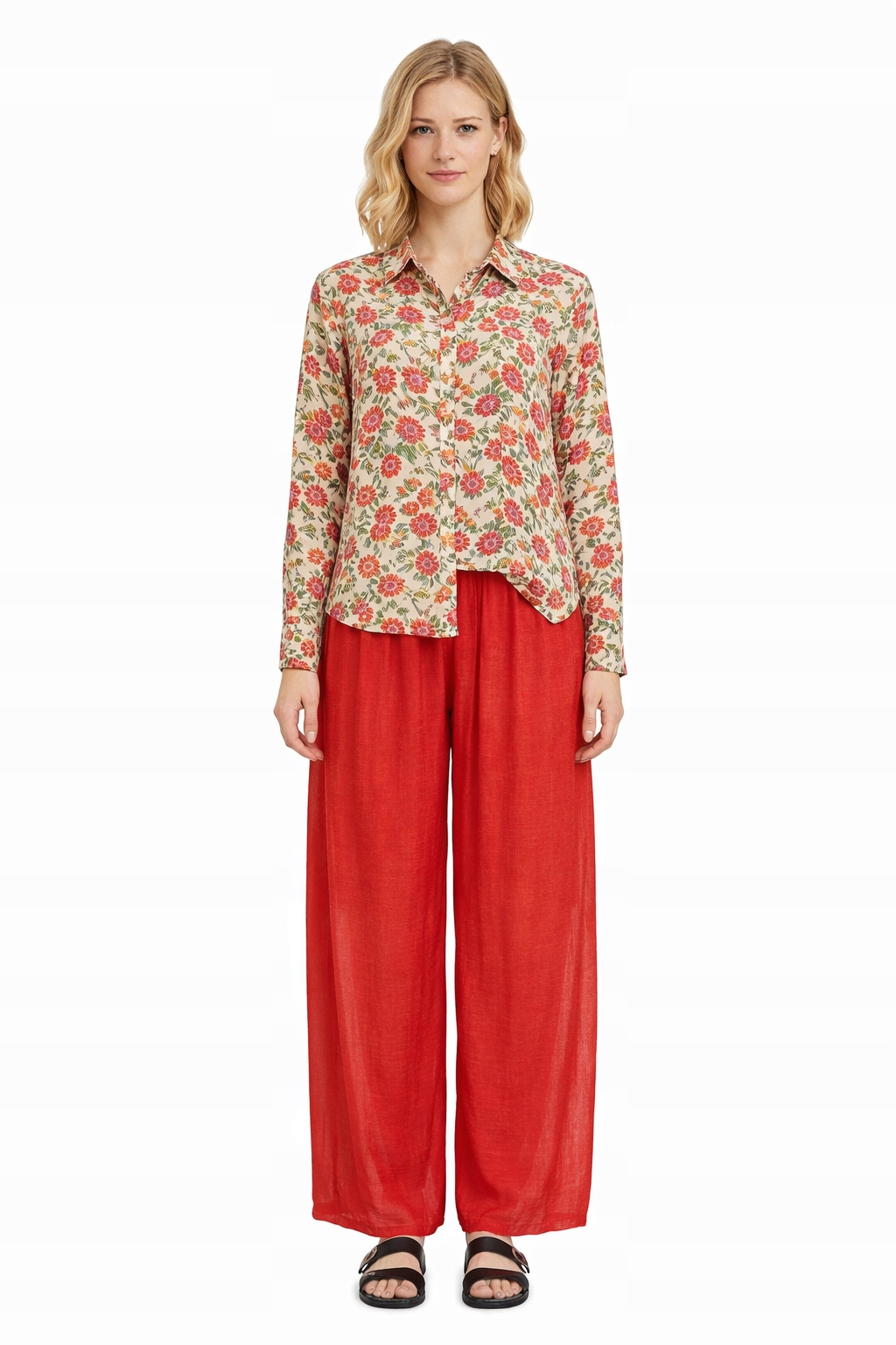 Červené Palazzo Kalhoty S Lenem A Lyocellem, Velikost 1I4A