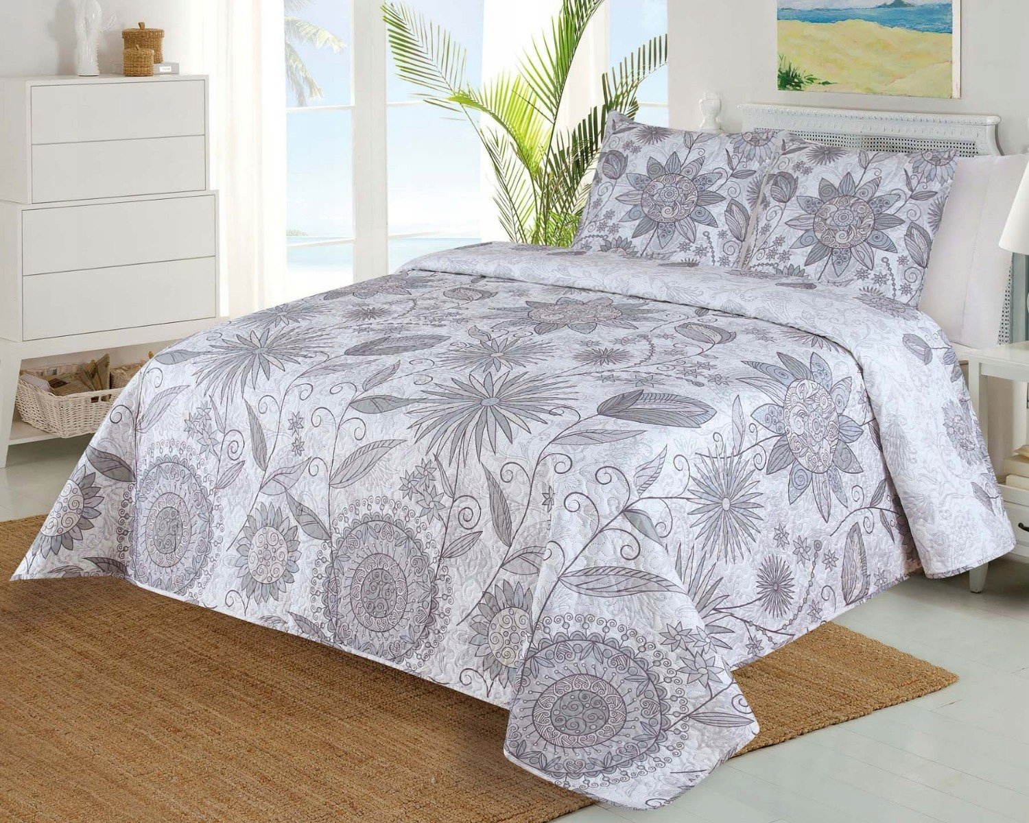 Přehoz na postel Prado šedý, květinový vzor, 220x240cm, dvoulůžkový 2x…