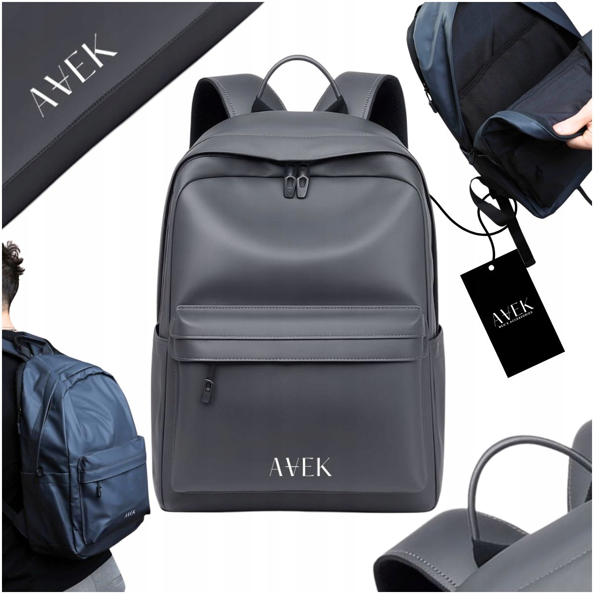 Plecak Męski Szary Miejski Do Pracy Szkoły Skórzany Skóra Ekologiczna