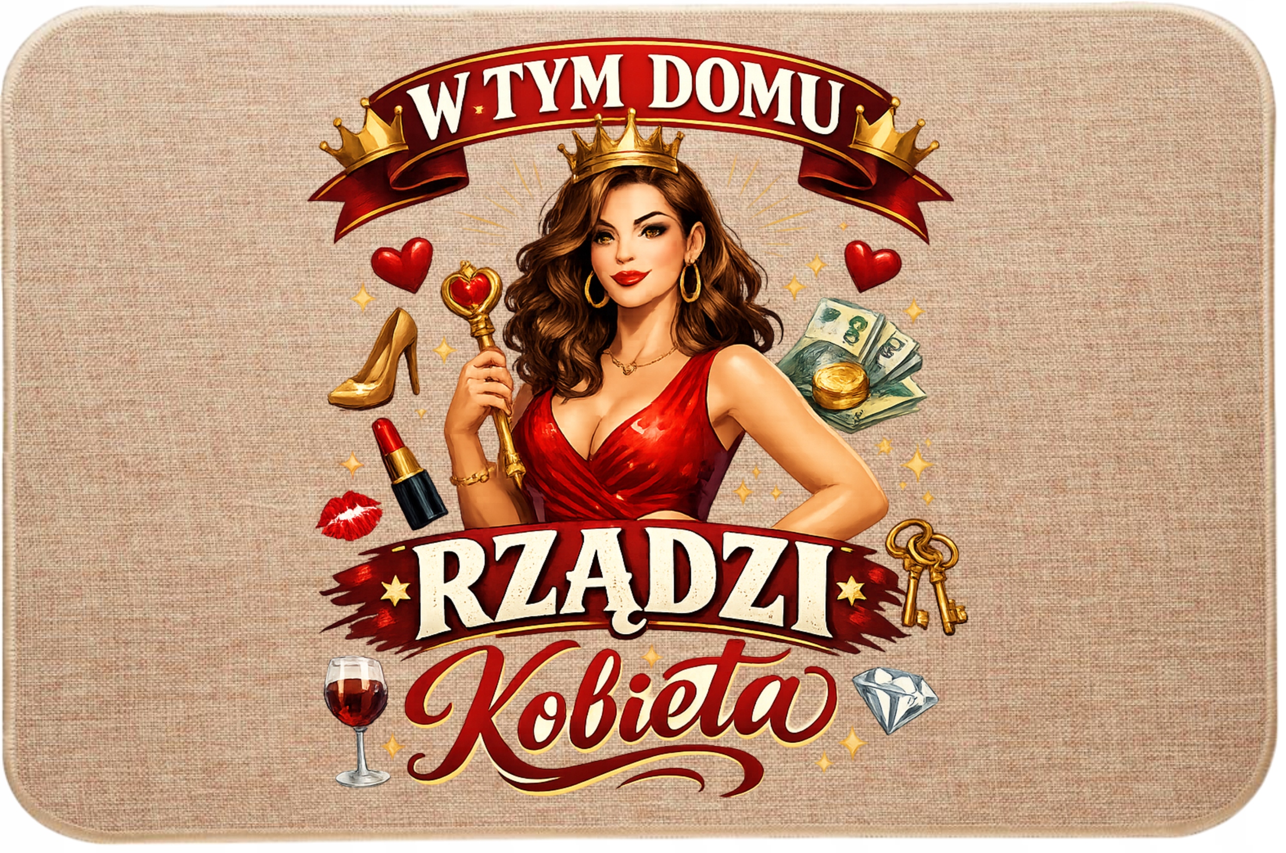 Lněná stěračka před dveřmi V tomto domě vládne žena Stěračka