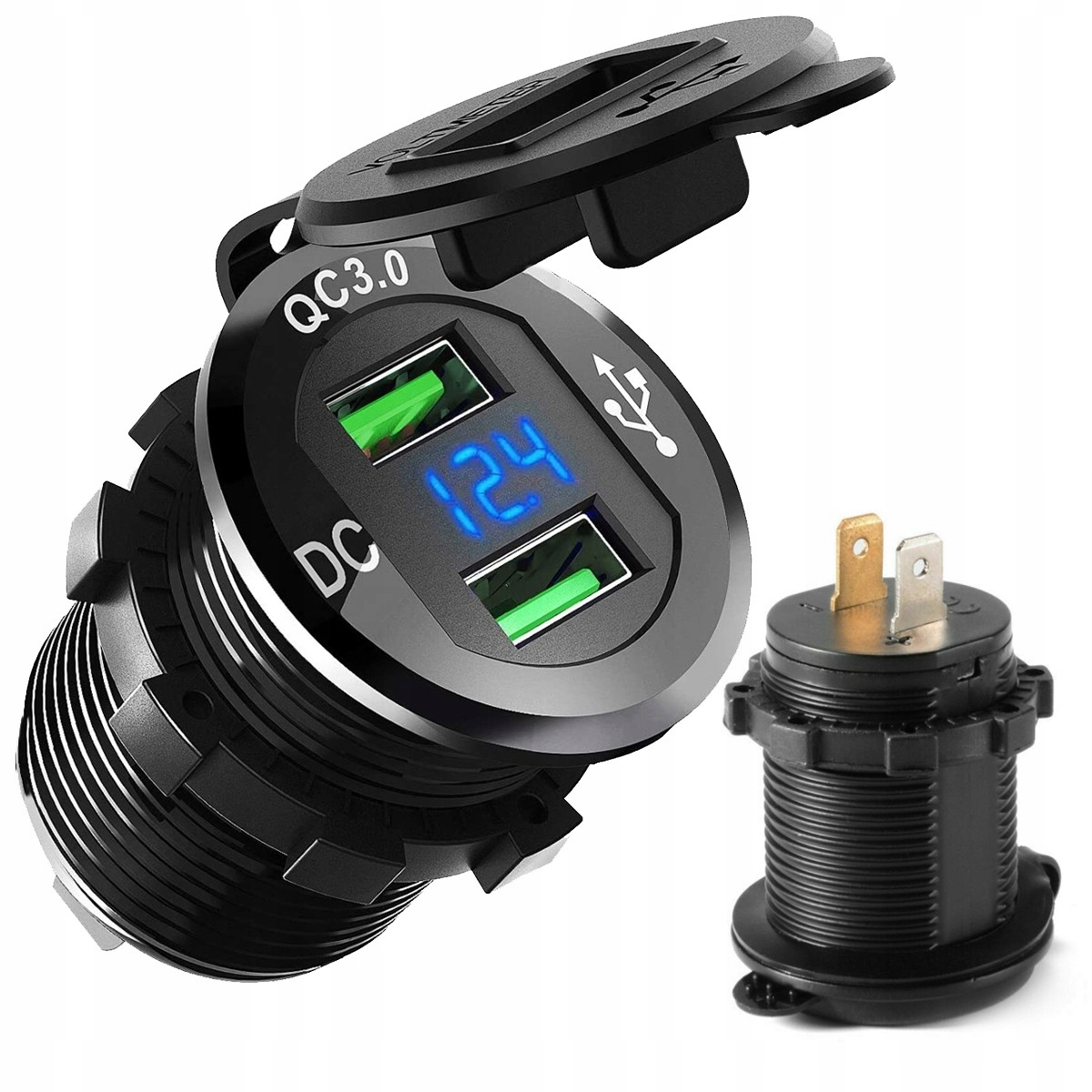 

Ładowarka Motocykl 2x Usb QC3.0 Woltomierz 3A Alu