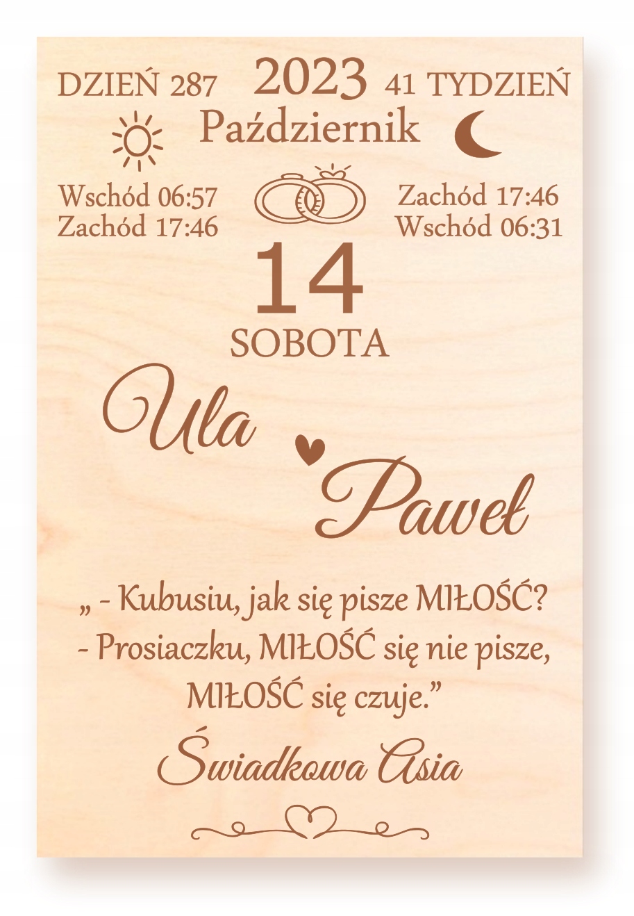 ŚLUBNA KARTKA DREWNIANA PAMIĄTKA PREZENT NA ŚLUB WESELE DLA PARY MŁODEJ Marka inny