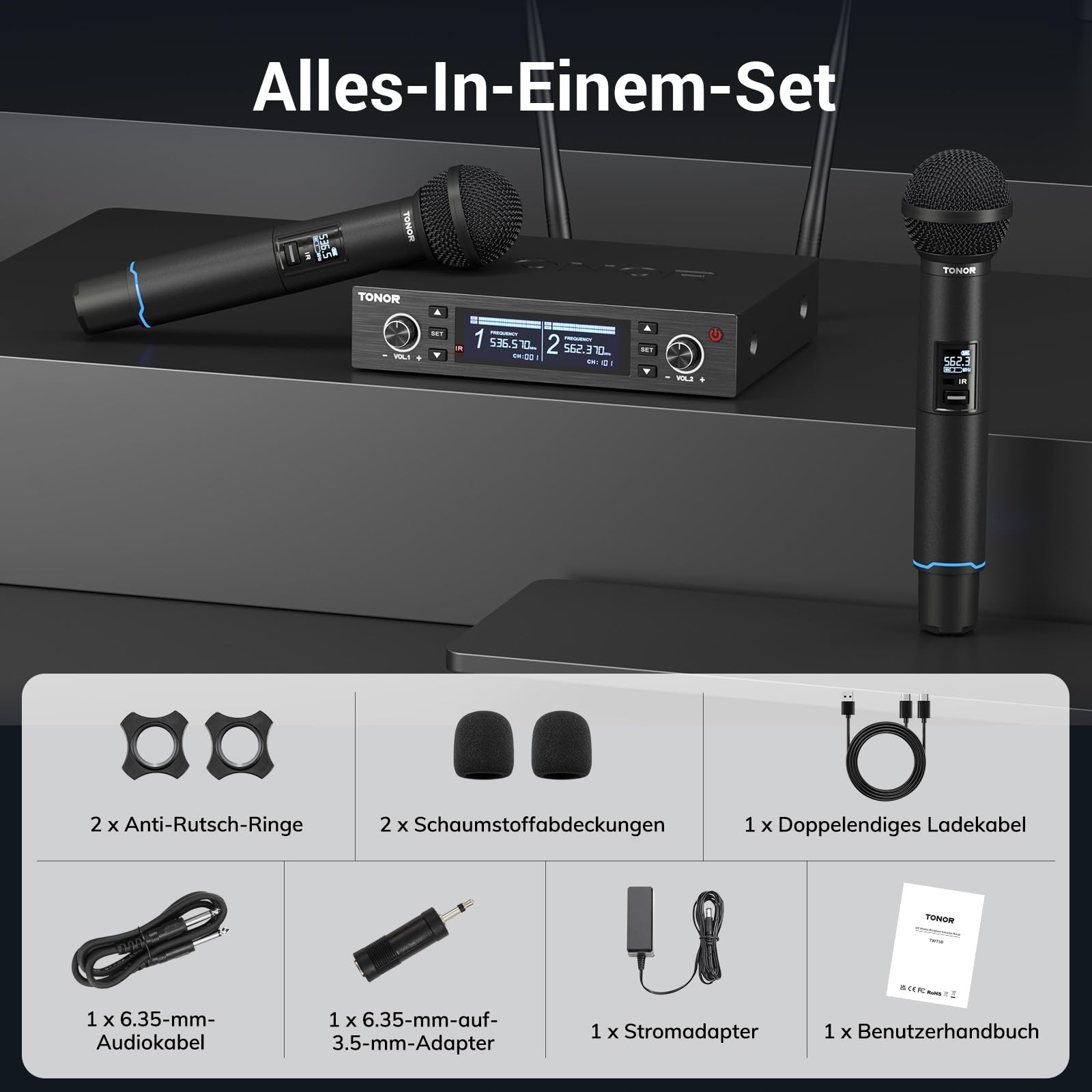 TONOR Mikrofon Bezprzewodowy UHF Zestaw 2x100 Regulowane Mikrofony Karaoke — miniatura 8