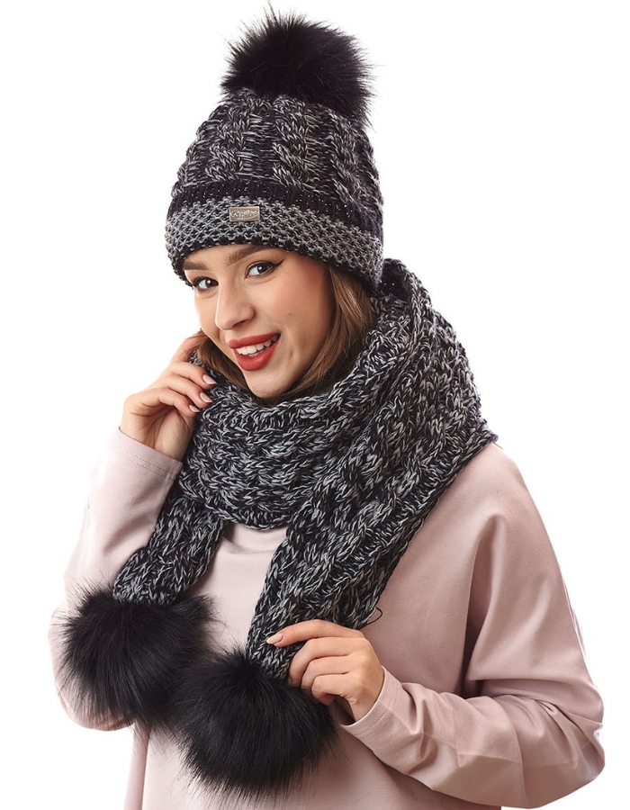 Dámský komplet čepice s bambulí a zimní šálou K22