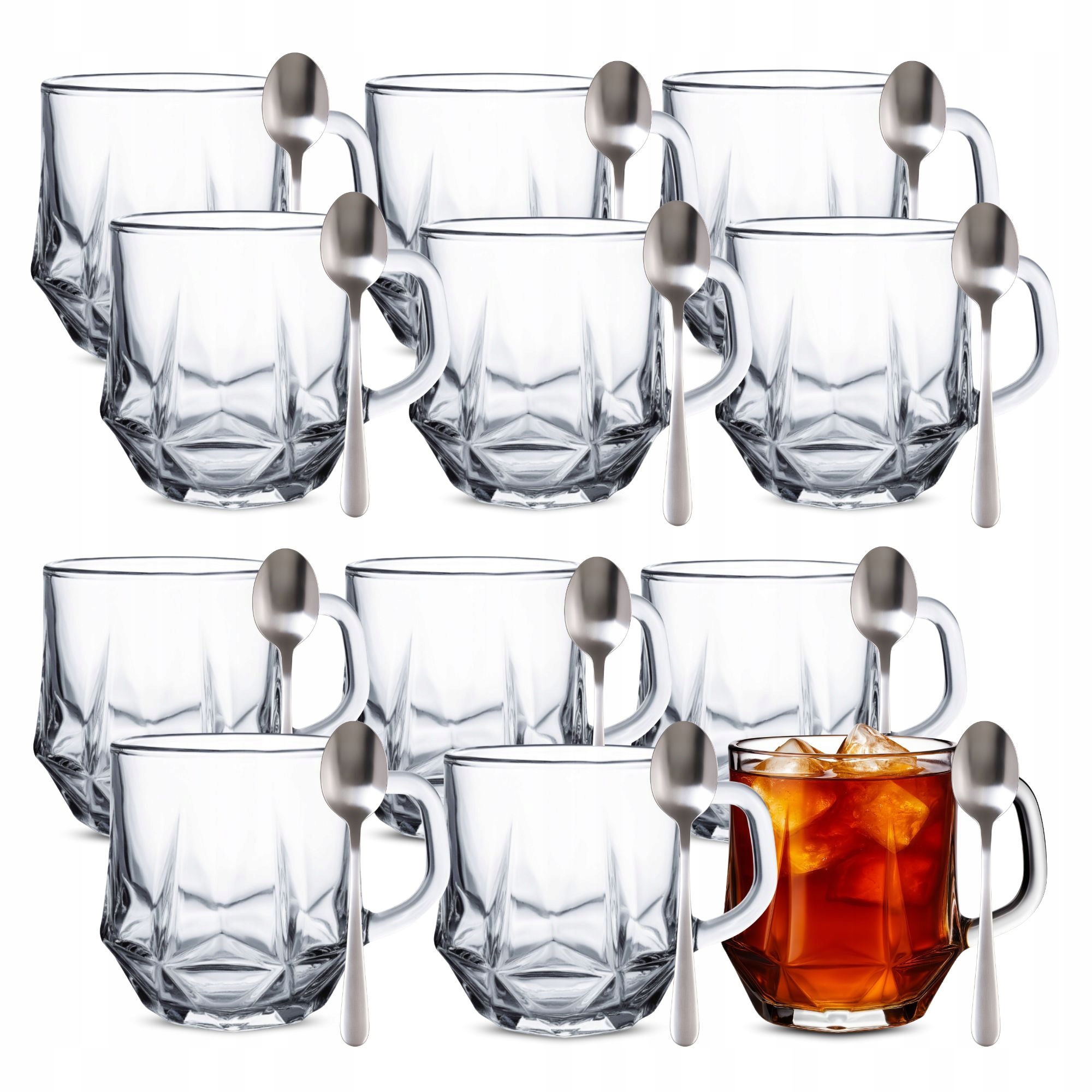 sklenice na kávu, čaj a nápoje 300 ml Sklenice S Uchem Lžičky 12 Ks