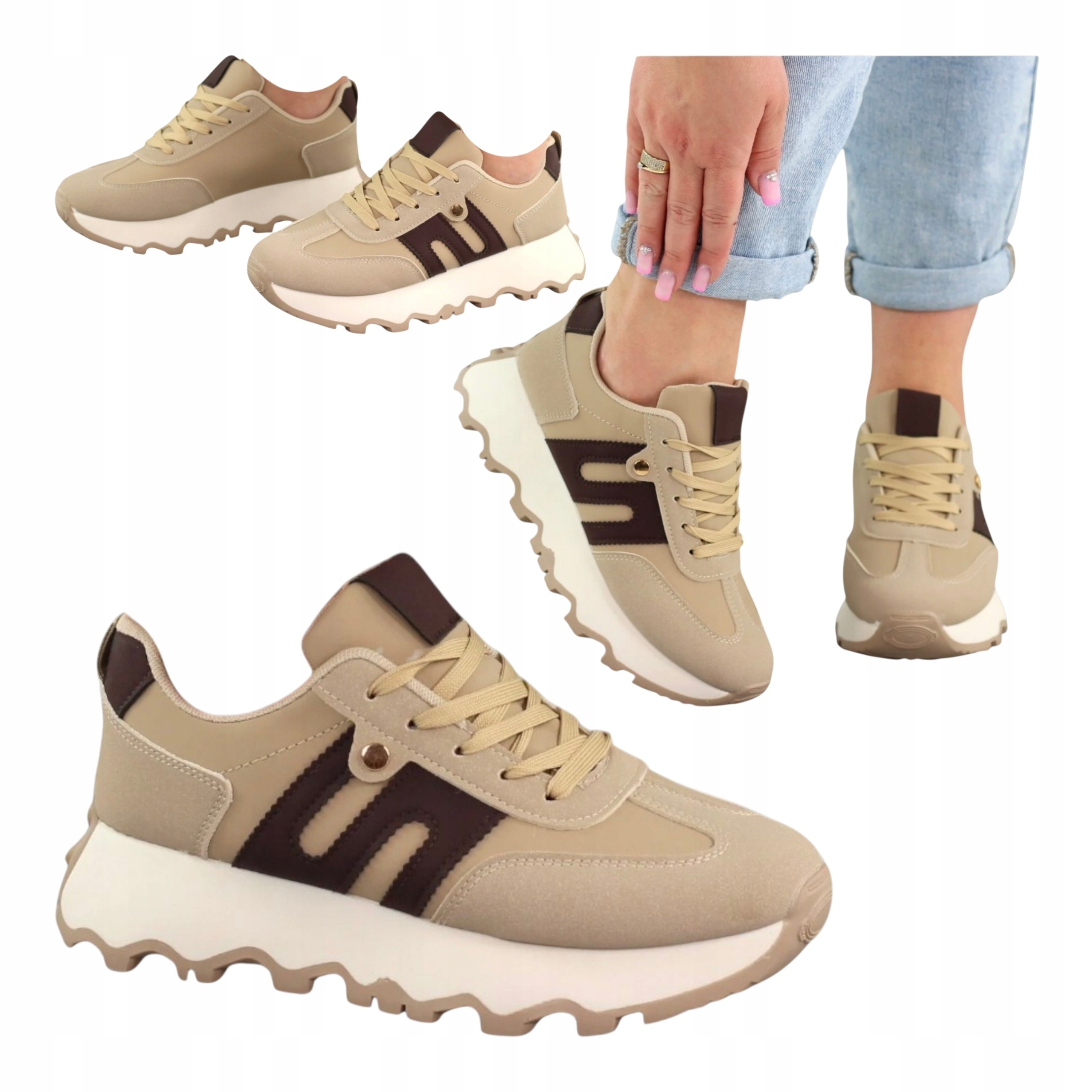 Damskie Adidasy Sportowe Sneakersy Skórzane na Wysoka Platforma Beżowe 38