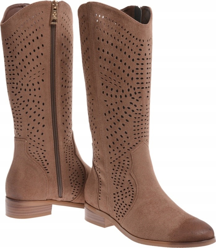 AŻUROWE KOZAKI DAMSKIE WIOSENNE ZAMSZOWE beż 37