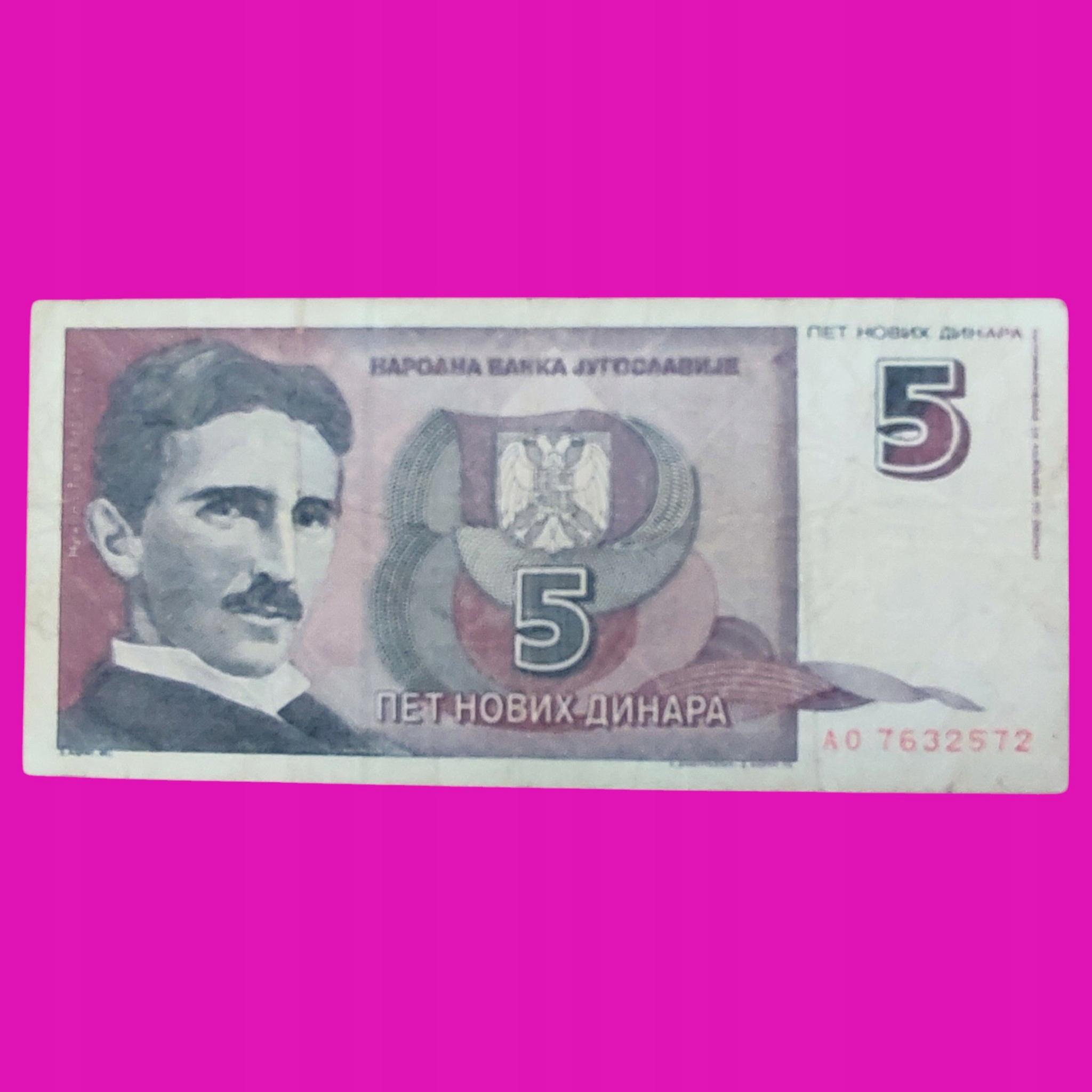 JUGOSŁAWIA 5 DINARA 1994 TESLA RZADKI BANKNOT KOLEKCJONERSKI HIT BAŁKANY