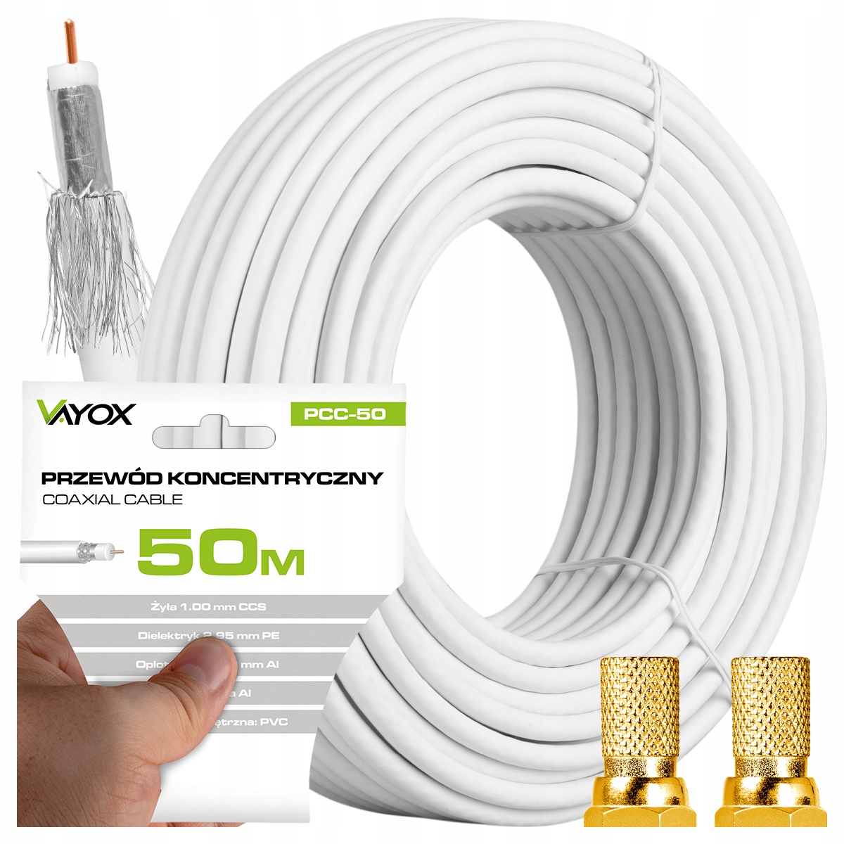 Kabel Antenowy Przewód Koncentryczny Tv Lte Odporny Uv 4K Hd 50M Wtyki F
