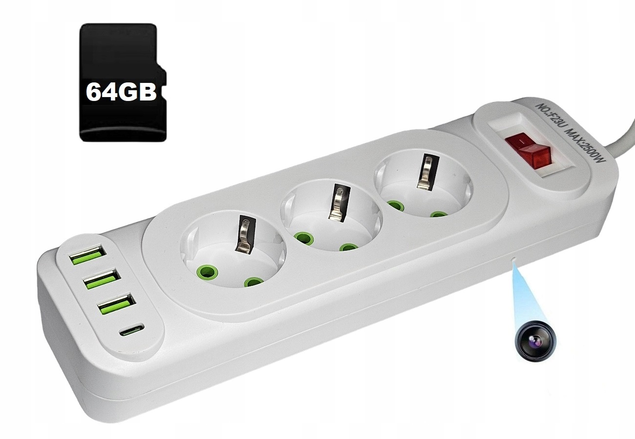 Skrytá Kamera Prodlužovací Zásuvková Lišta 3 Zásuvky Paměť 64GB Wifi