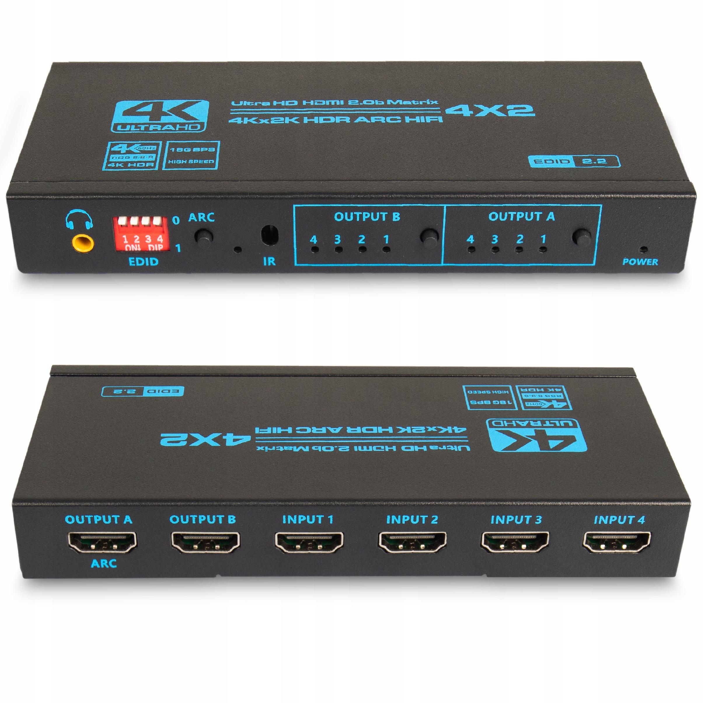 Matrix Hdmi 2.0 4x2 Switch Rozdělovač 4K60HZ Hdcp 2.2 Hdr Spdif Toslink Arc