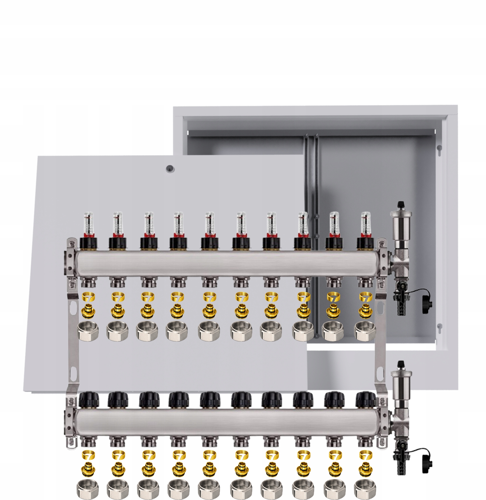 Nerezový rozdělovač pro podlahovku 10 okruhů s nástěnnou schránkou Pex