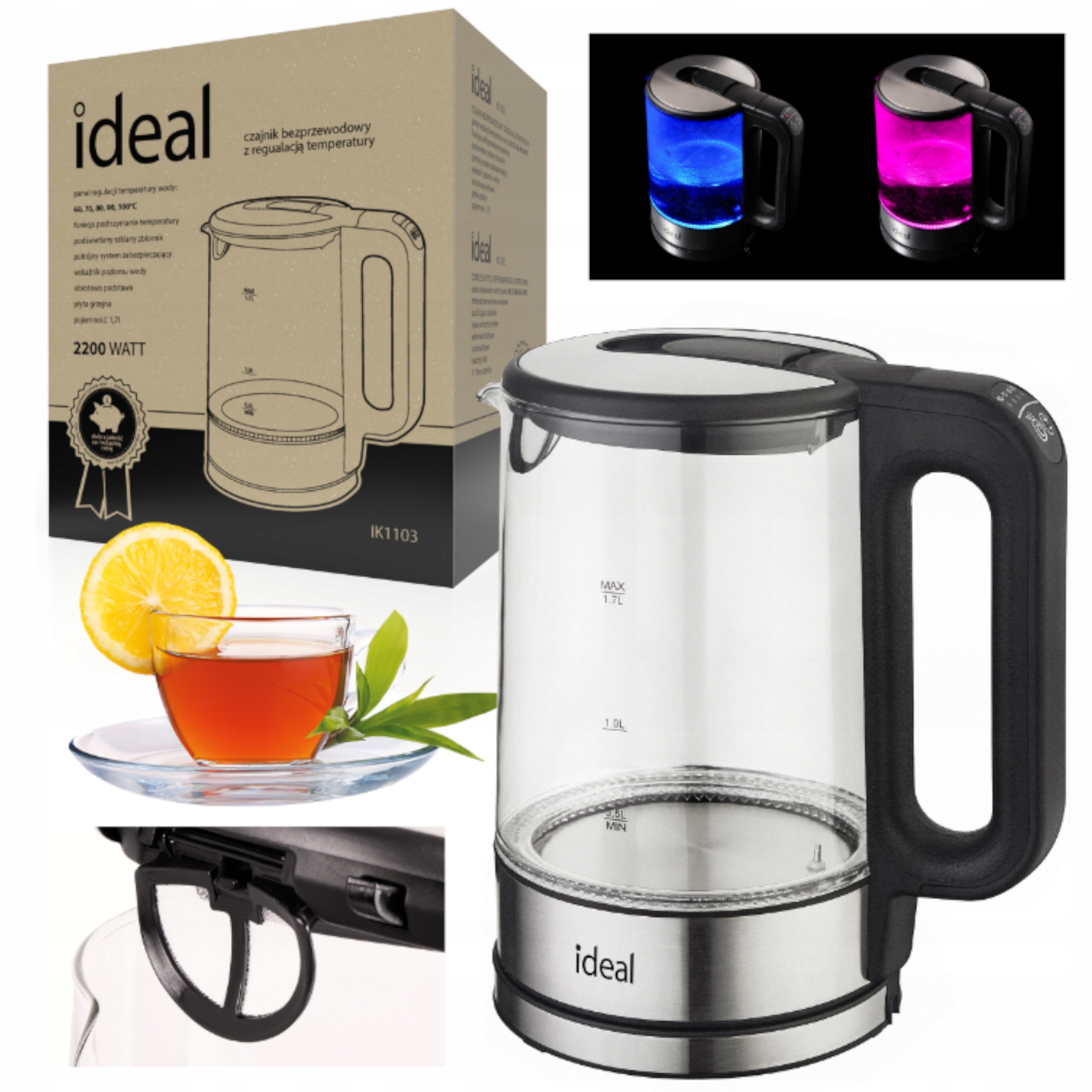 Czajnik Elektryczny Bezprzewodowy Szklany Regulacja Temperatur Czarny 2200W